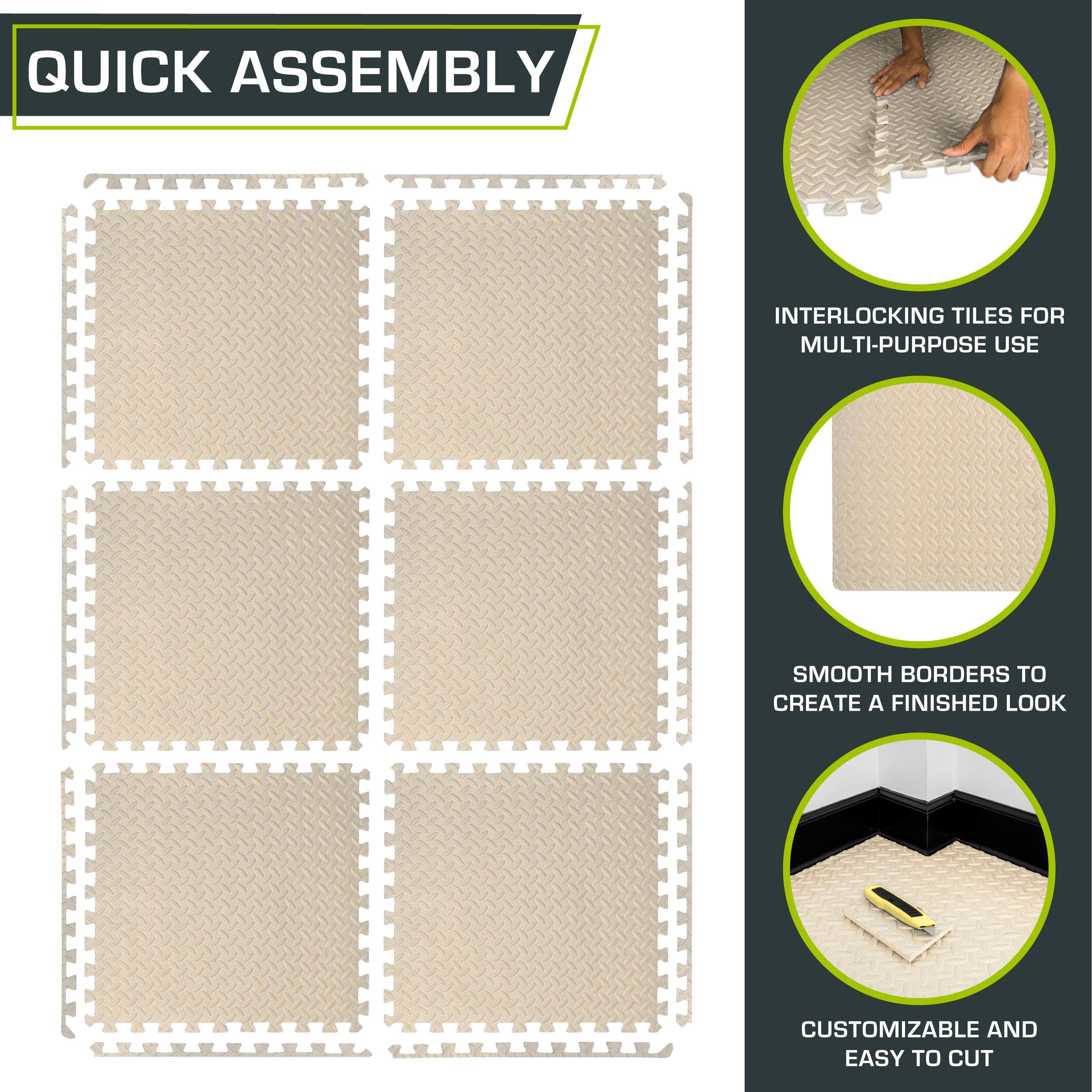 Quick Assembly Interlocking Tiles for Multi-Purpose Use. Smooth Borders to Create a Finished Look. Customizable and Easy to Cut.