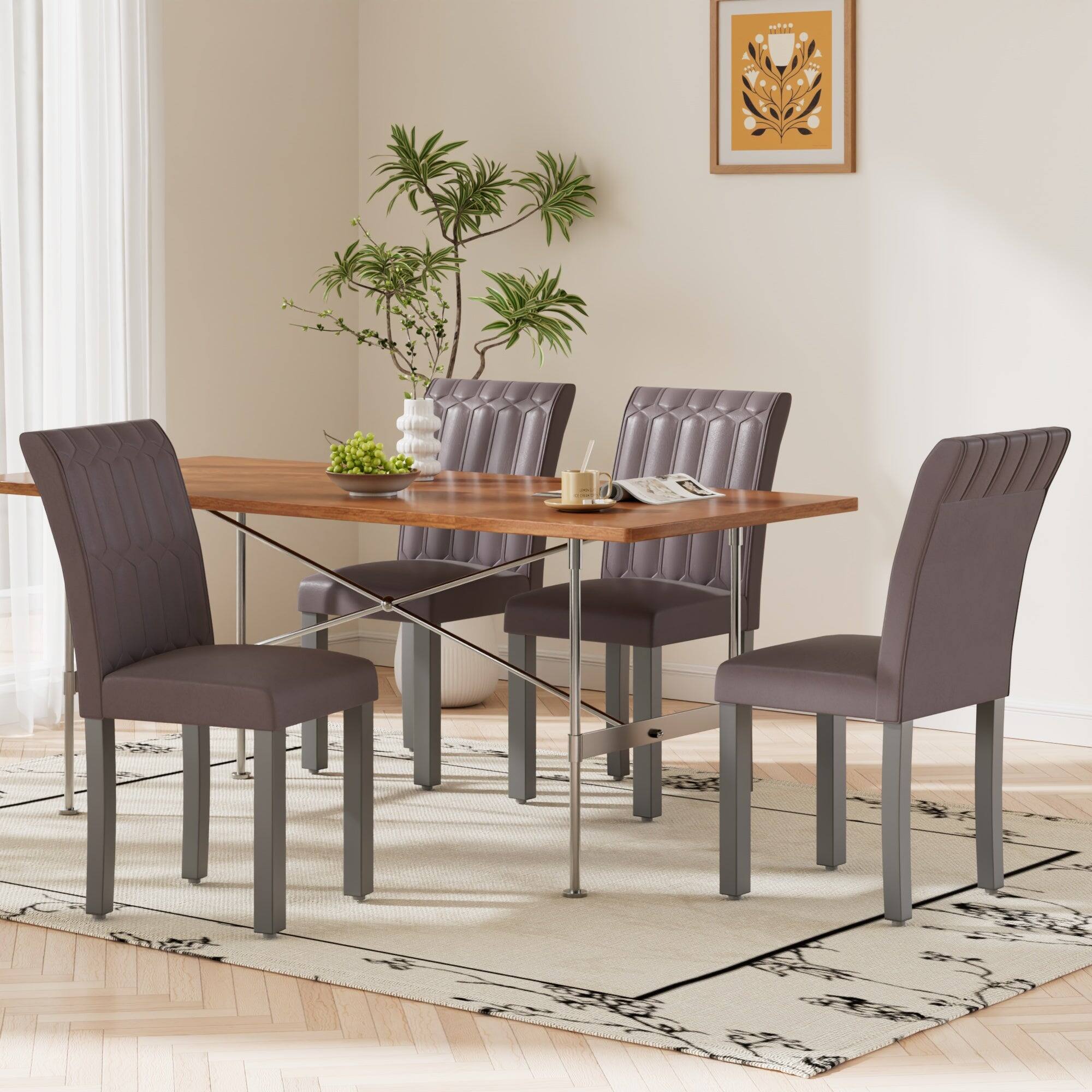 Alt View 3. Vecelo - Set of 6 PU Leather Dining Chairs  - Ergonomic High Back Chairs With Solid Wood Legs - Coffee.