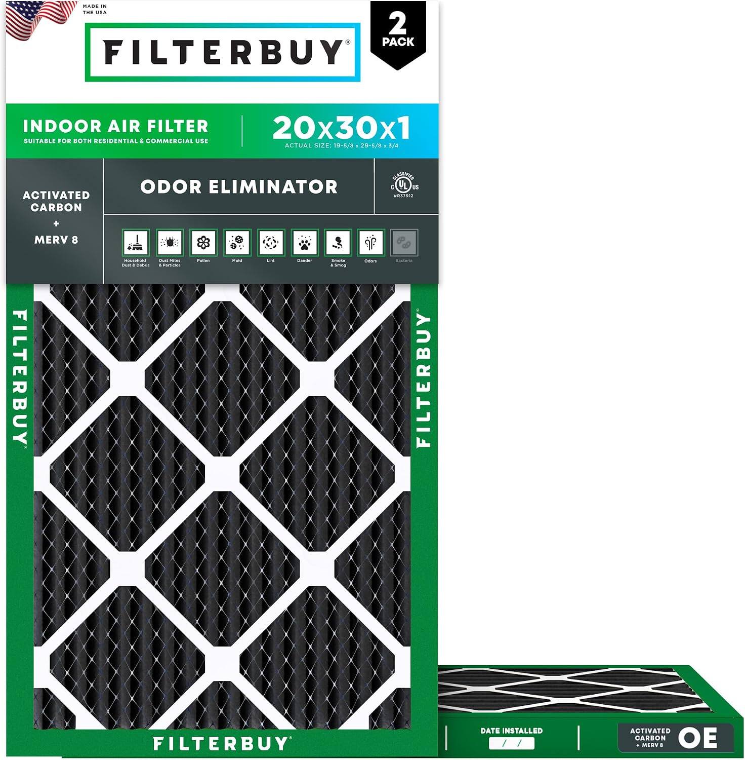 Filterbuy - 20x30x1 MERV 10 Odor & Allergy Defense, Electrostatic Pleated HVAC AC Furnace Air Filters Replacement (2-Pack) - Black