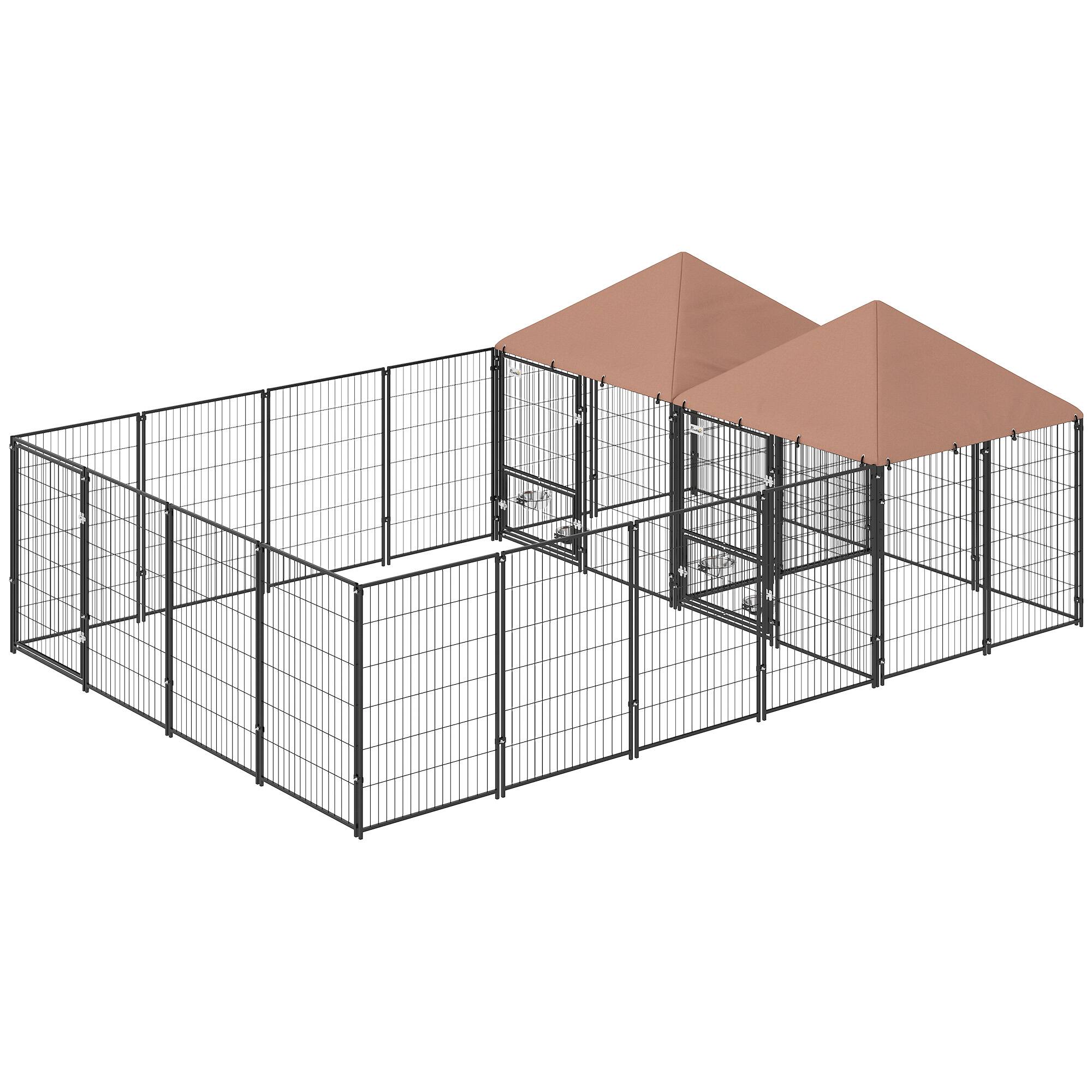 Front. Pawhut - Outdoor Dog Kennel with 2 Rooms, Rotating & Adjustable Height Bowls - Brown.
