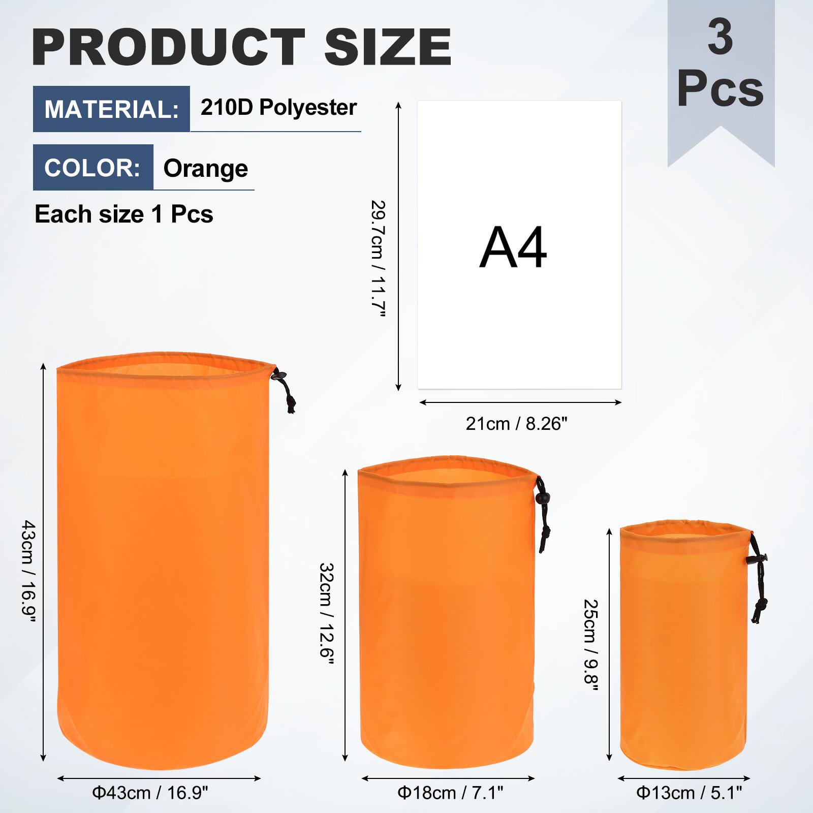 PRODUCT SIZE  
MATERIAL: 210D Polyester  
COLOR: Orange  
Each size 1 Pcs  

A4  
29.7cm / 11.7"  
21cm / 8.26"  

3 Pcs  
43cm / 16.9"  
32cm / 12.6"  
25cm / 9.8"  
18cm / 7.1"  
13cm / 5.1"