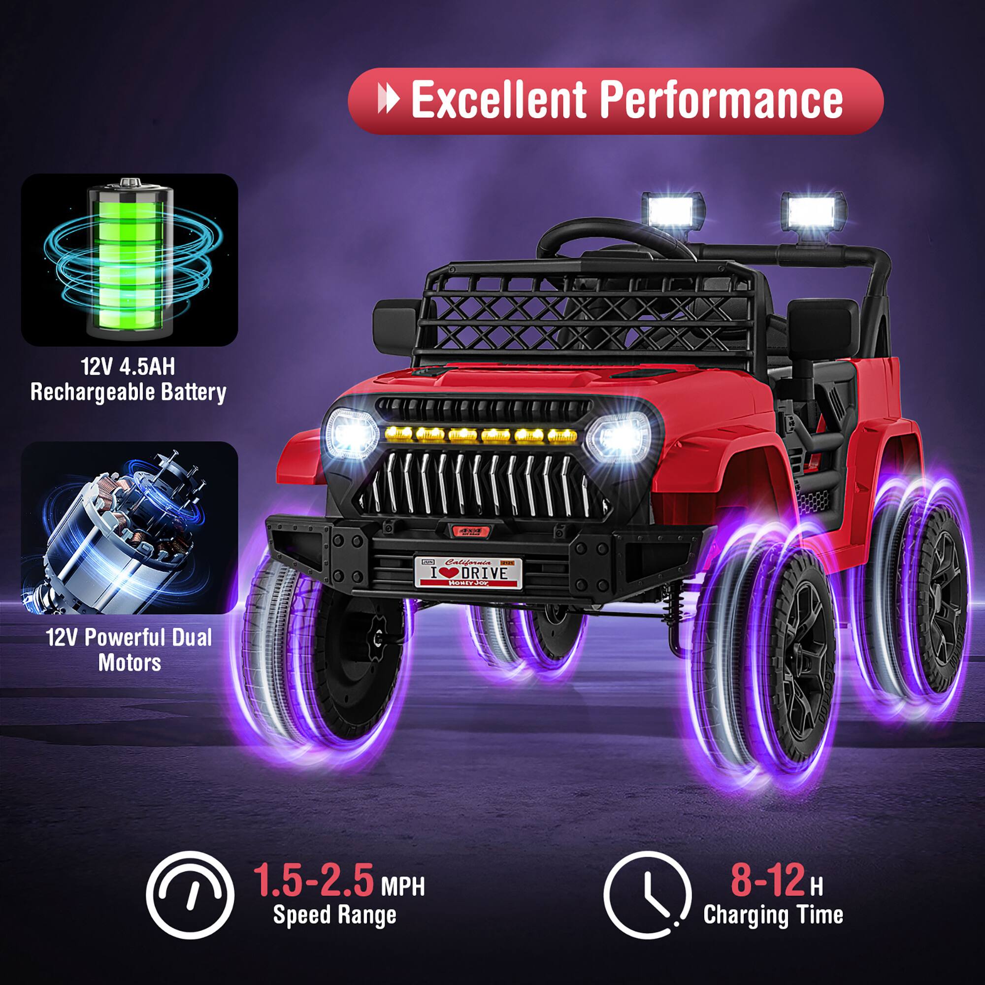 Excellent Performance

- 12V 4.5AH Rechargeable Battery
- 12V Powerful Dual Motors
- 1.5-2.5 MPH Speed Range
- 8-12 H Charging Time