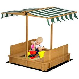 Outsunny - Wooden Sandbox with Lid, Kids Sandbox with Canopy, Foldable Bench Seats, Bottom Liner, Ages 3-7, 47"X47"