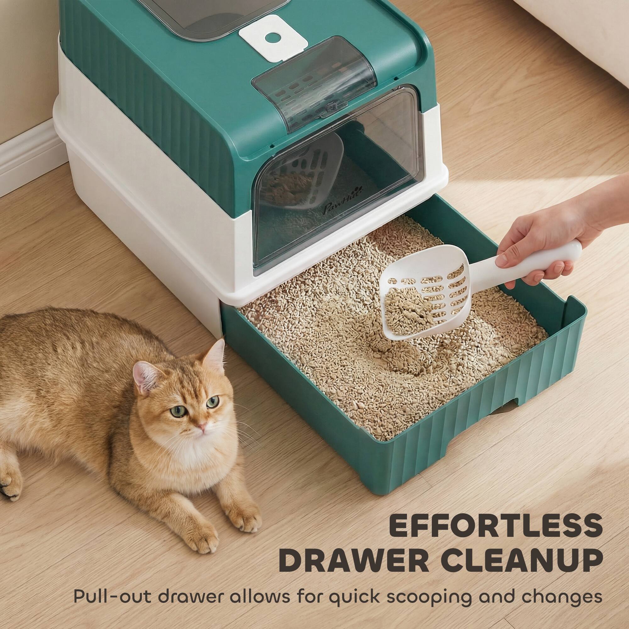 EFFORTLESS DRAWER CLEANUP  
Pull-out drawer allows for quick scooping and changes