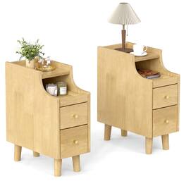Gymax - 2PCS Narrow Nightstand Solid Wood End Table w/Pull-out Tray & 2 Storage Drawers Natural - Yellow