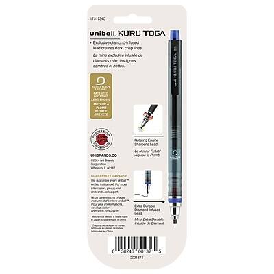 1751934C  
uniball KURU TOGA  
Exclusive diamond-infused lead creates dark, crisp lines  
La mine exclusive intègre de diamants crée des lignes sombres et nettes  

A BOTAT PA UPN UNIBRANDS.CO 0004  
Bande motant Engine Snarpens Lead  
Le MAn Rxalf Aguise Wo Pmo  

GUARANTEE  
For more Nx plus Extra Durable  
Diamond-infused Lead  
Mre Extra Durable  
Inode de Diamant  

0 30246 00132 2021874 5