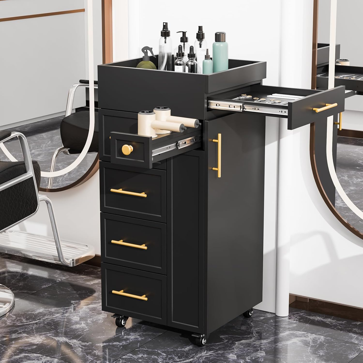 Alt View 4. Winado - Salon Trolley Cart with 5 Drawers, 3 Heat-Resistant Tool Holders, Adjustable Shelf for Barbers, Hairdressers, Beauty Spa - Black.