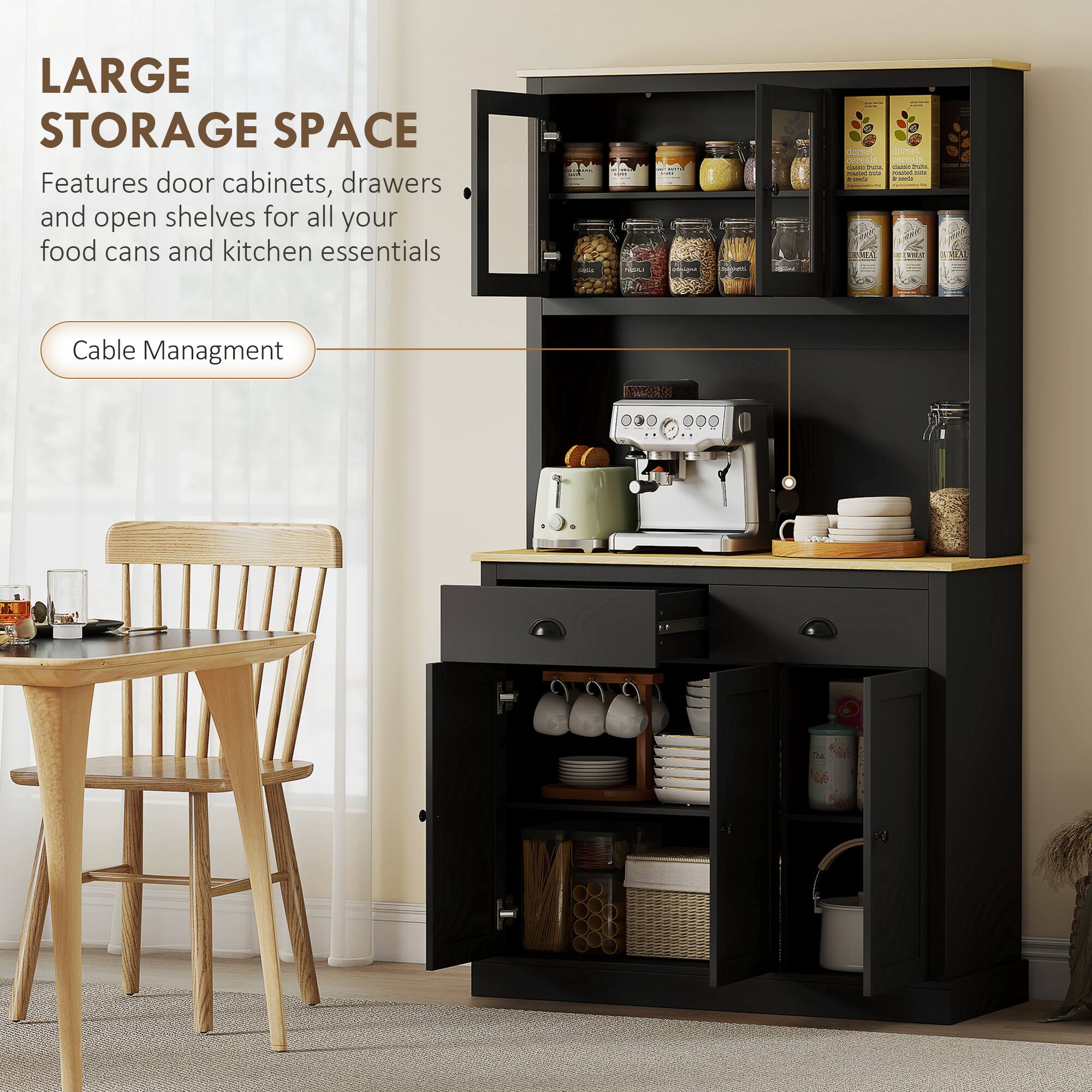 LARGE STORAGE SPACE  
Features door cabinets, drawers and open shelves for all your food cans and kitchen essentials

Cable Management