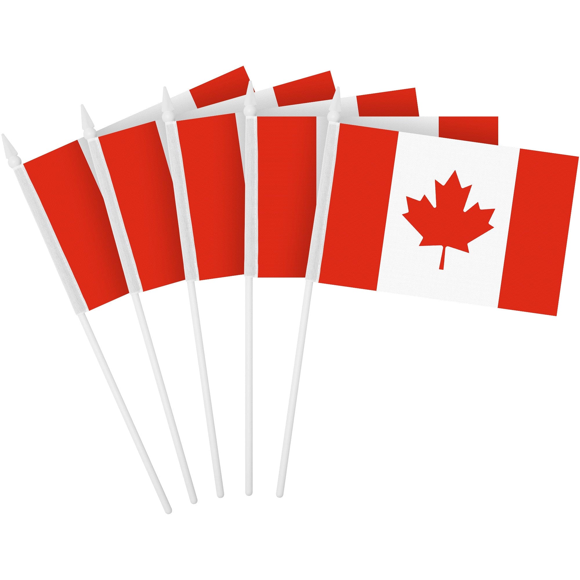 G128 - 30-Pack Handheld Canada Flags — 4 x 6 in 150D Polyester with Plastic Spear-Tip Sticks - Assorted Colors