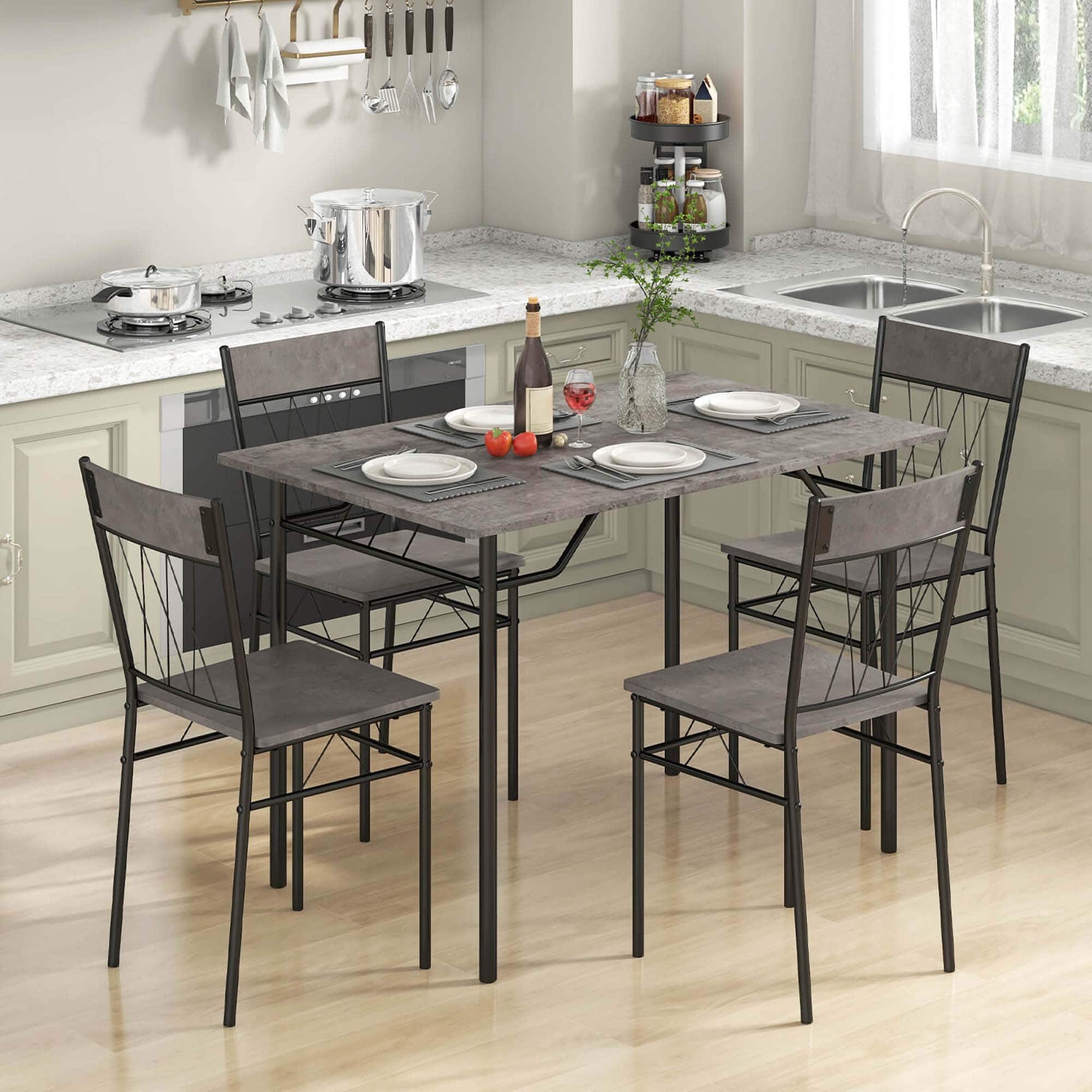Front. Costway - 5PCS Dining Table Set for 4 Rectangular Kitchen Table & 4 Chairs with Metal Frame Cement Gray - Cement Gray and Black.