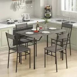 Costway - 5PCS Dining Table Set for 4 Rectangular Kitchen Table & 4 Chairs with Metal Frame Cement Gray - Cement Gray and Black
