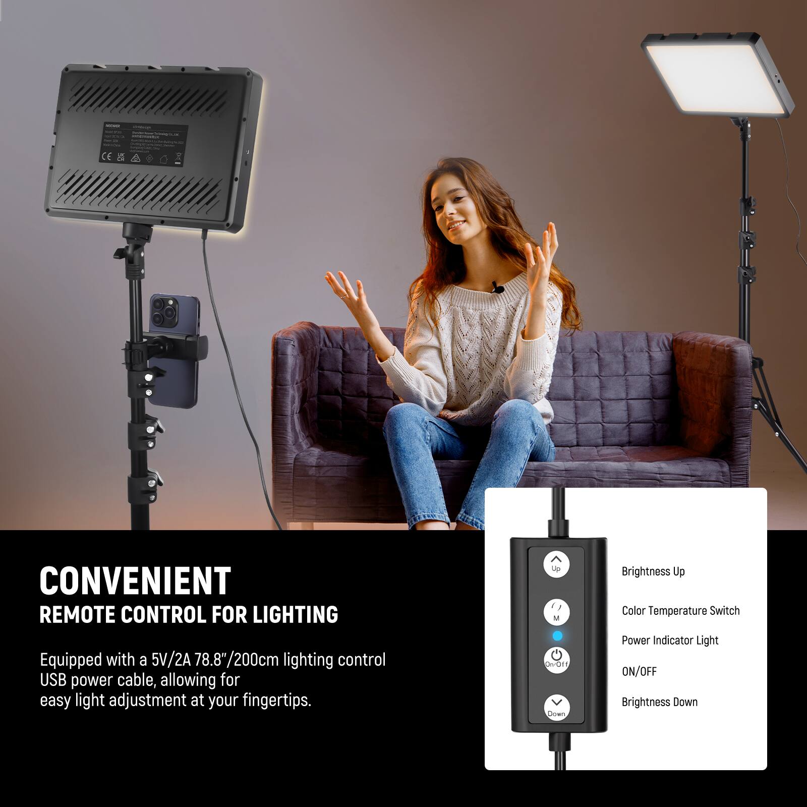 - CONVENIENT REMOTE CONTROL FOR LIGHTING
- Equipped with a 5V/2A 78.8"/200cm lighting control USB power cable, allowing for easy light adjustment at your fingertips.
- Up: Brightness Up
- M: Color Temperature Switch
- On/Off: Power Indicator Light
- Down: Brightness Down