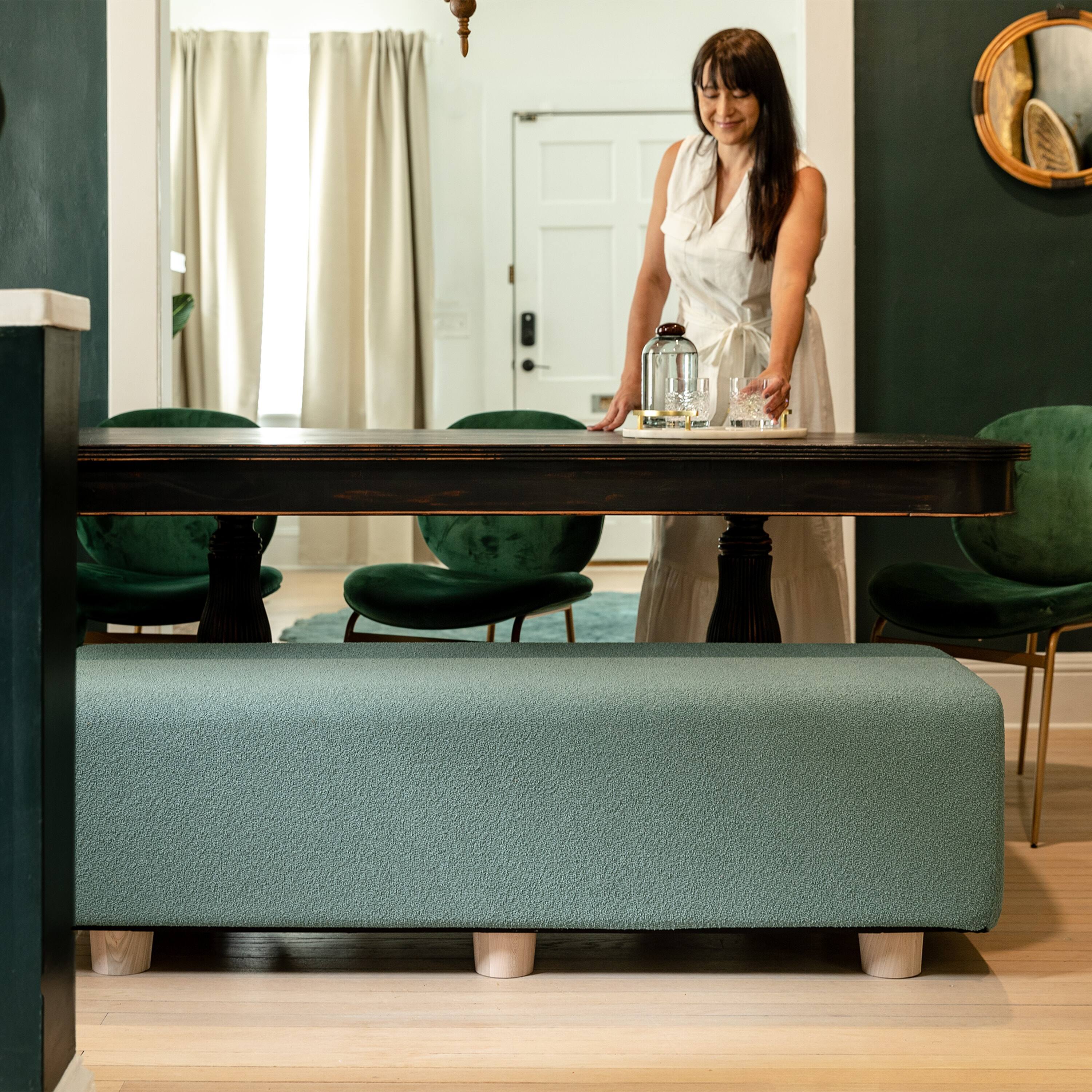 Left. Jaxx - Jaxx Caya 4-in-1 Large Bed Bench, Giant Ottoman, Dining Bench, and Yoga and Massage Platform, Queen, Boucle Green - Green.