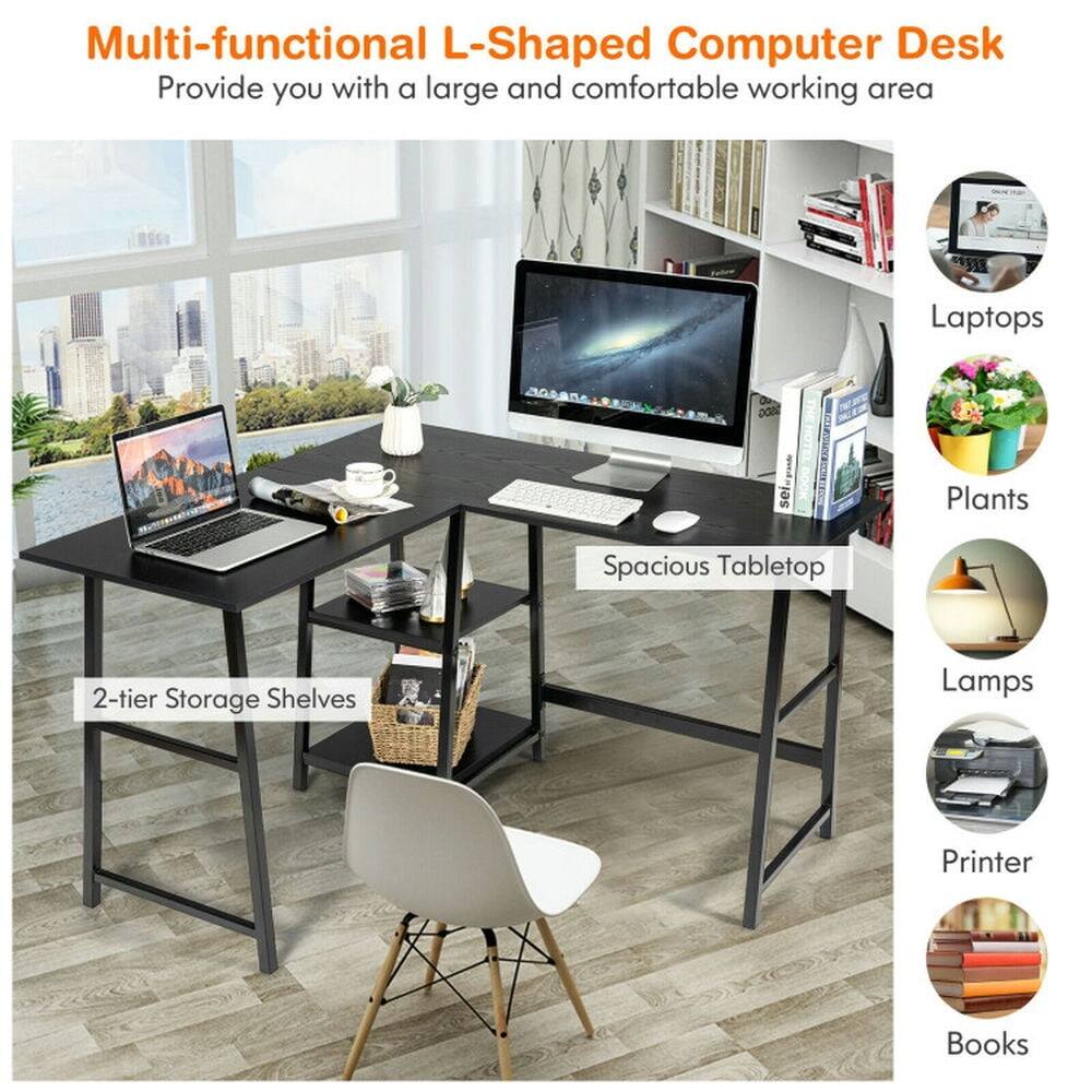Multi-functional L-Shaped Computer Desk  
Provide you with a large and comfortable working area  

- Spacious Tabletop  
- 2-tier Storage Shelves  
- Laptops  
- Plants  
- Lamps  
- Printer  
- Books