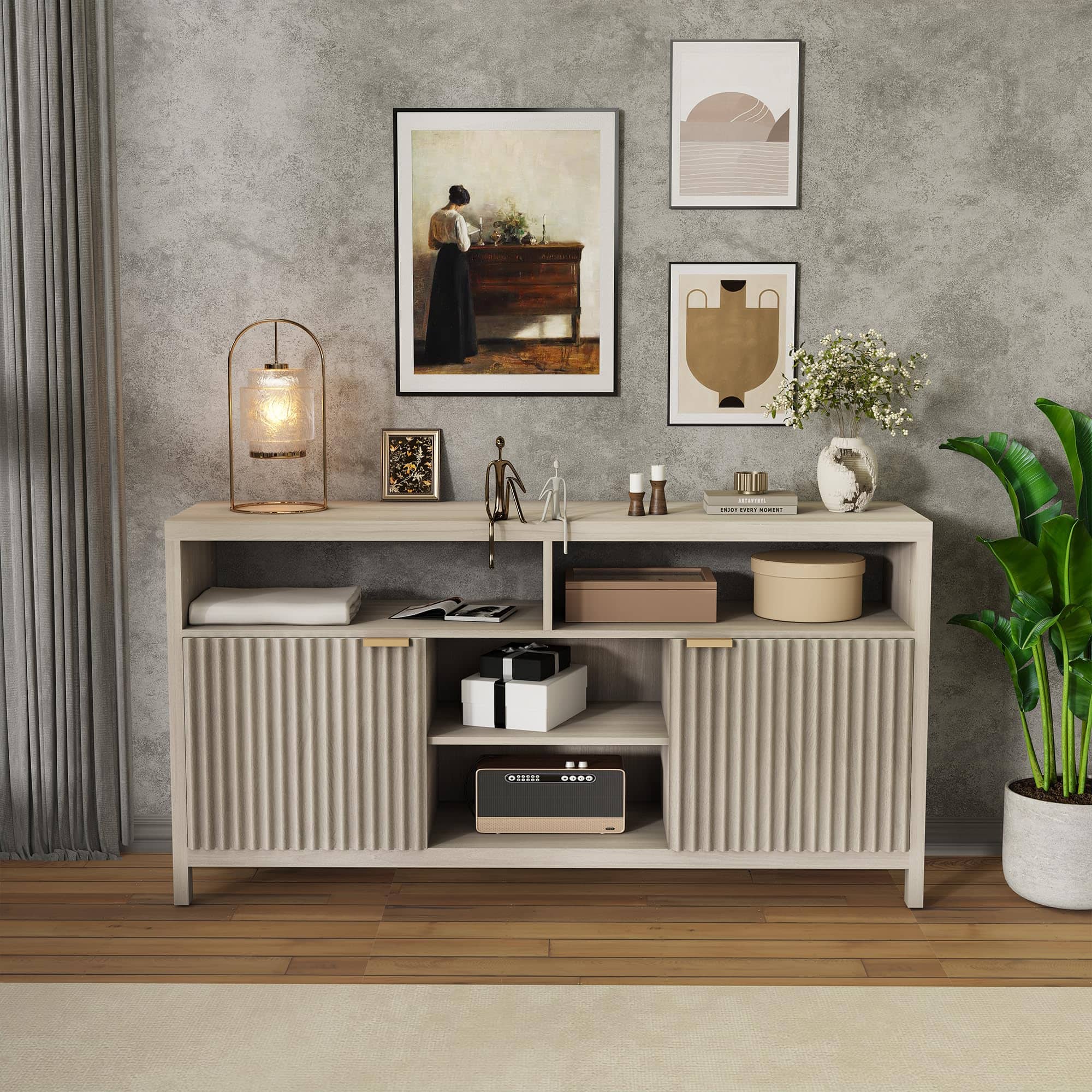 Acekool - Fluted TV Stand for 65" TV, Mid Century Modern Media Console with Storage - Adjustable Shelves, Farmhouse TV Cabinet - Gray