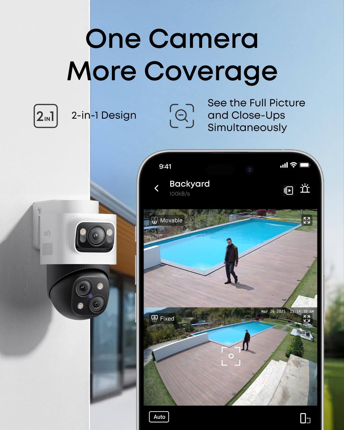 One Camera More Coverage

2-in-1 Design

See the Full Picture and Close-Ups Simultaneously

Backyard
100kB/s

Movable

Fixed

Auto

Mar 26 2025
11:14:30 AM