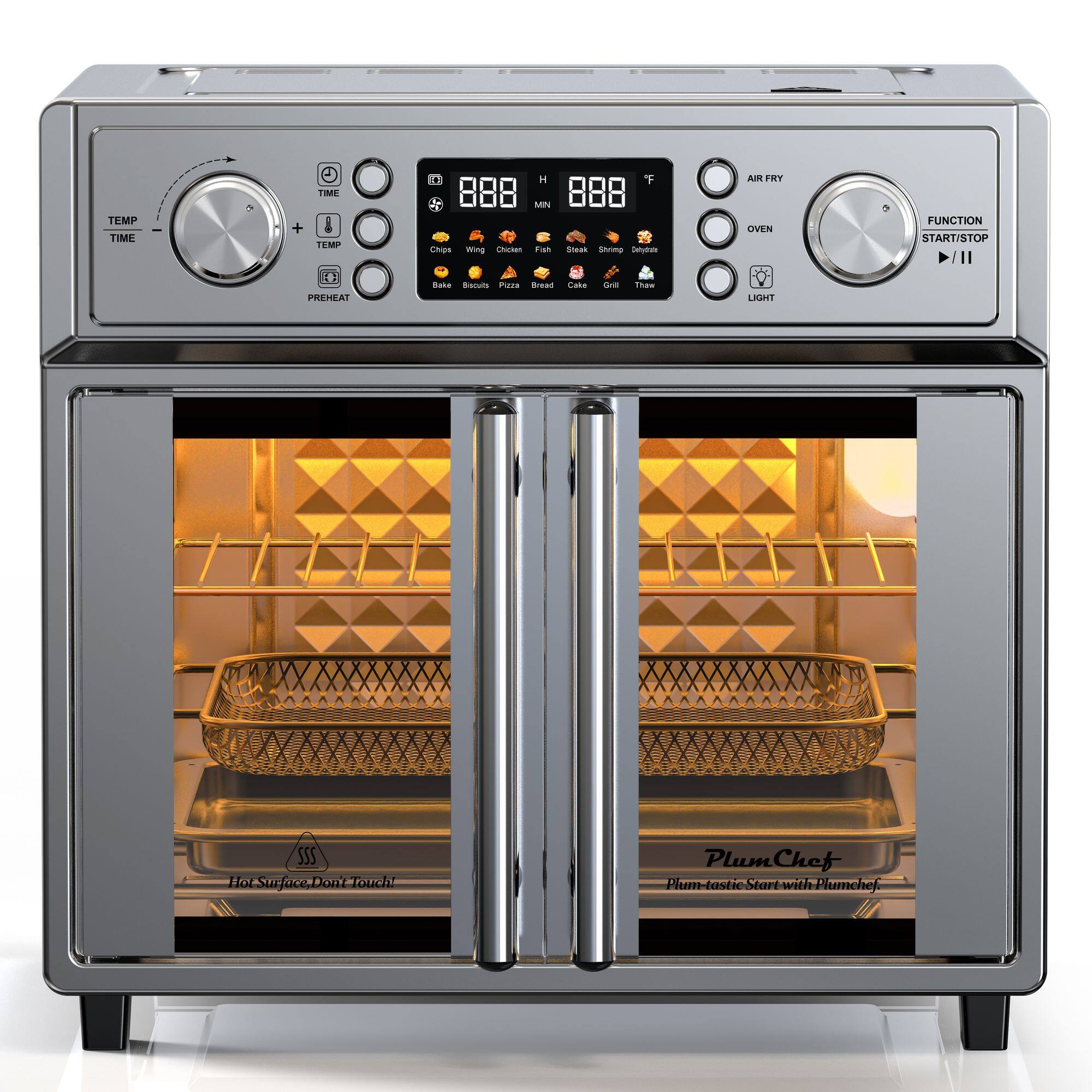 TEMP TIME + TEMP D1 PREHEAT  
H T x 888 MIN 888  
Chops ming ONIcARO Tvan SMa Sermp Carytem a Bisnum Pura Brean Caba T Thaw  
AIR FRY OVEN LNSET FUNCTION START/STOP  
"Hot Surface Don't Touch"  
PlumChef Plum-tastic Start-with-Plumchef