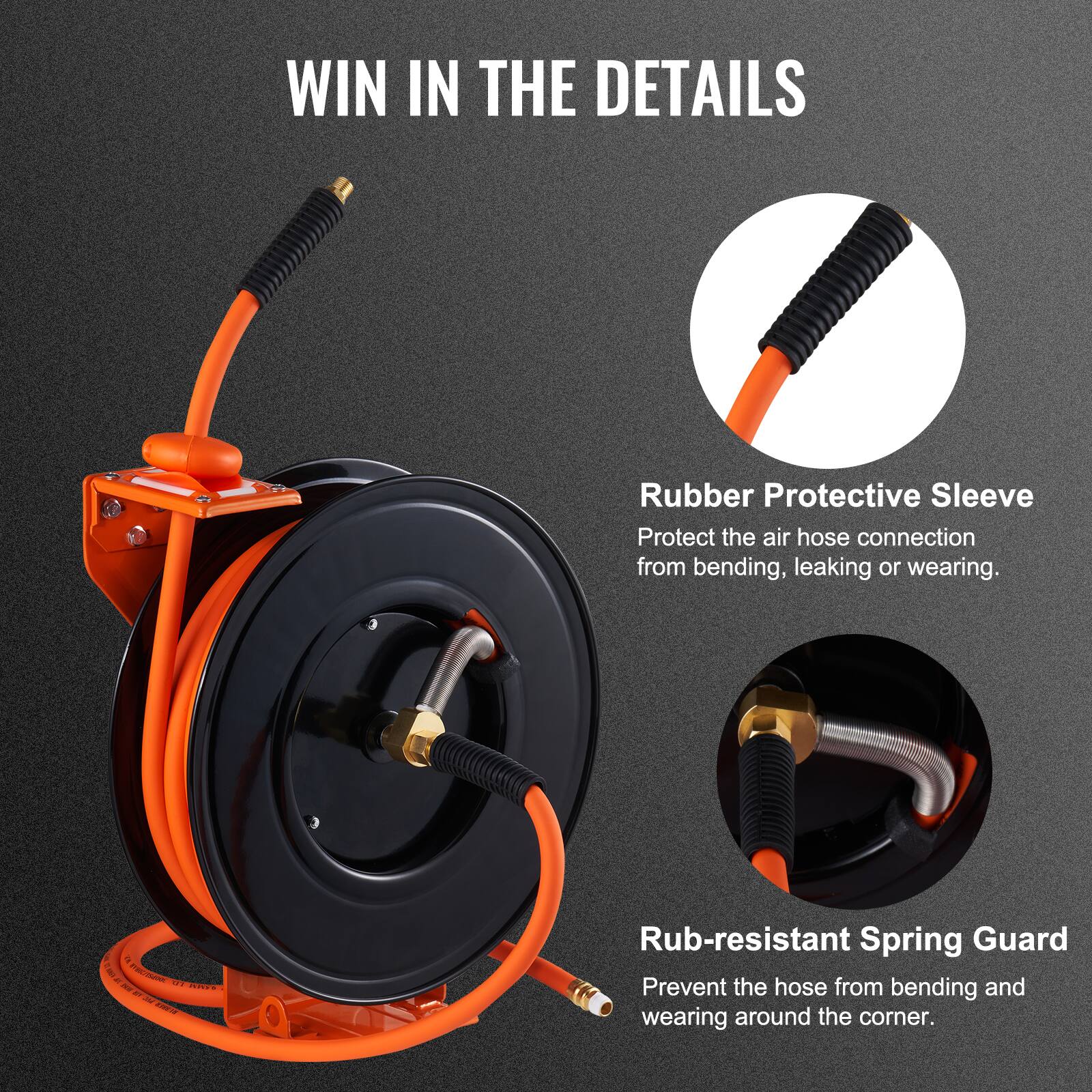 WIN IN THE DETAILS

Rubber Protective Sleeve  
Protect the air hose connection from bending, leaking or wearing.

Rub-resistant Spring Guard  
Prevent the hose from bending and wearing around the corner.