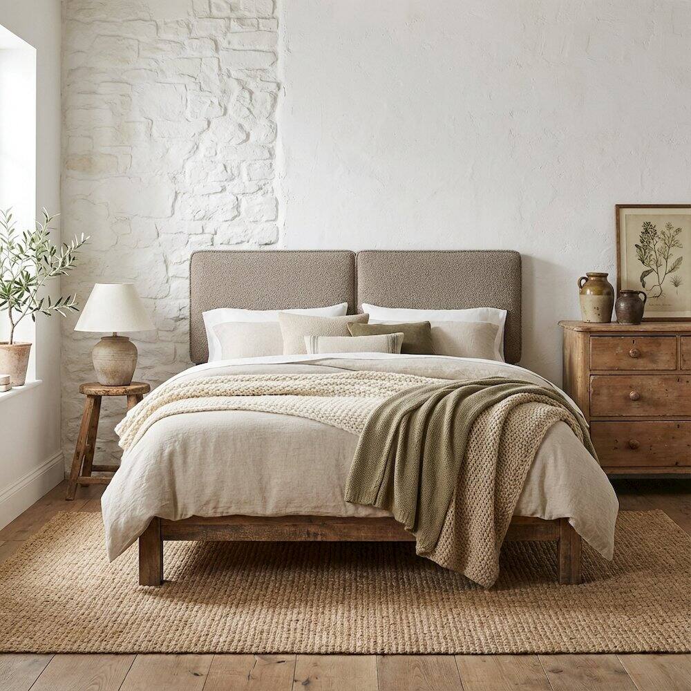 Angle. FurniFact - Boucle Fabric Queen Headboard in Soft Neutral with Padded Upholstery - Beige.