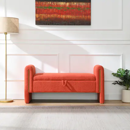 Front. GOODSILO - Modern Upholstered Storage Bench with Arms, Large Foot Rest Stool for Living Room and Bedroom - Orange.