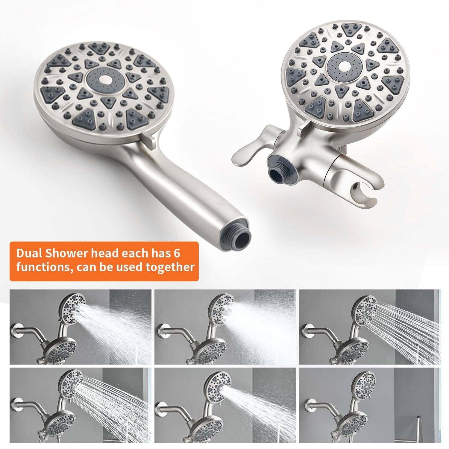 Dual Shower head each has 6 functions, can be used together