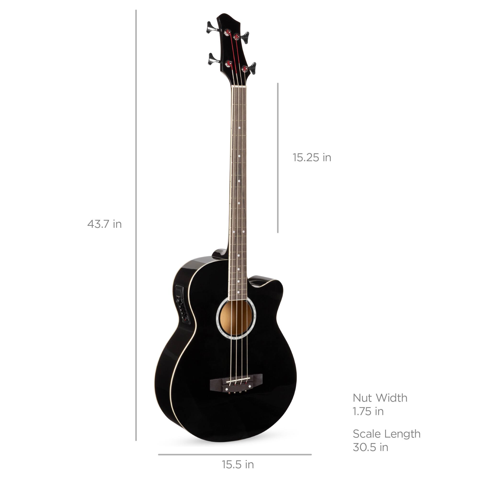 - Nut Width: 1.75 in
- Scale Length: 30.5 in
- Body Length: 15.5 in
- Neck Length: 15.25 in
- Total Length: 43.7 in