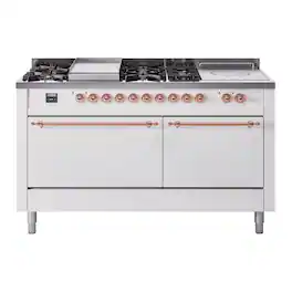 ILVE - Nostalgie II 60 inch Dual Fuel Range with 7 Burners + Griddle (Natural Gas, White, Copper Trim) - White