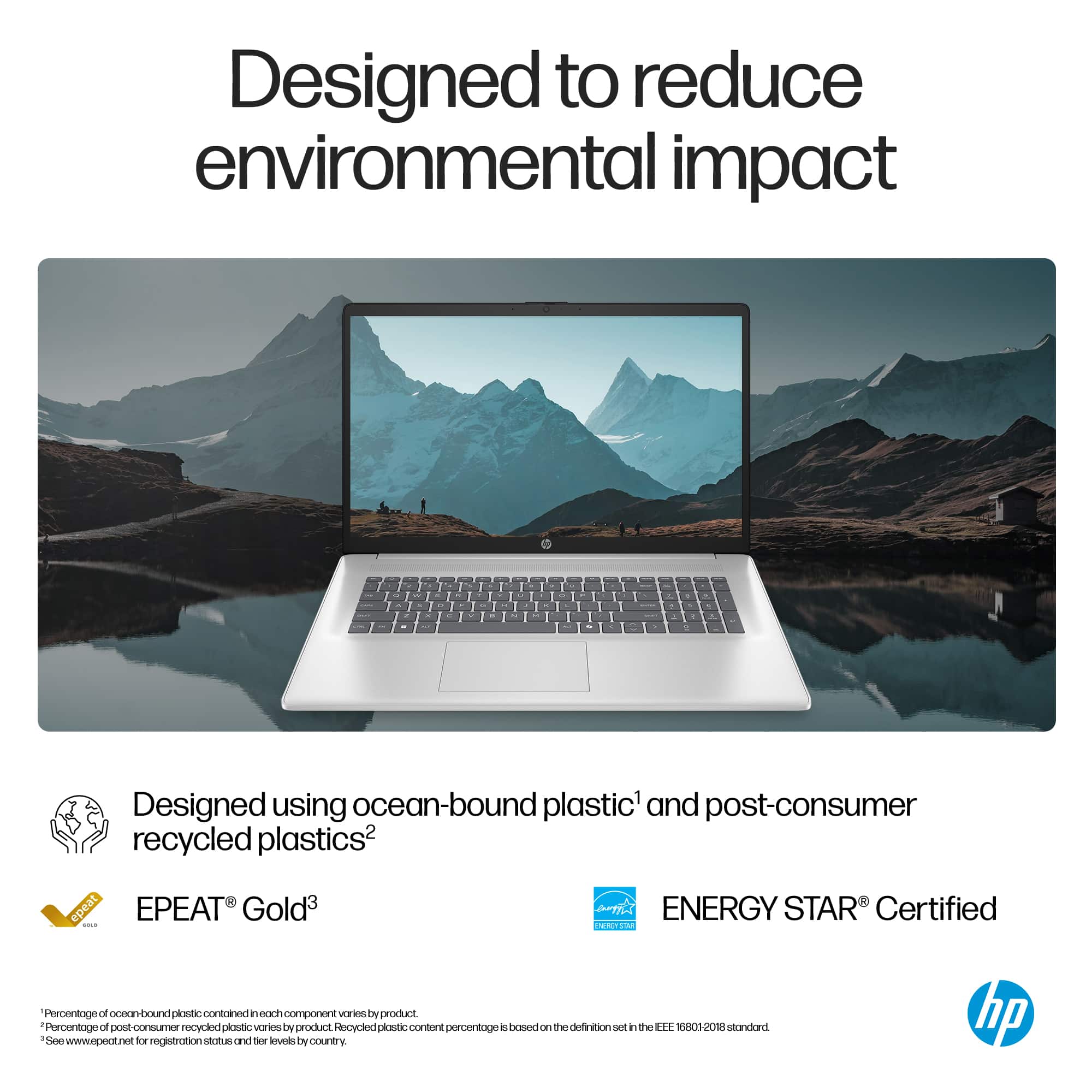 Designed to reduce environmental impact - Designed using ocean-bound plastic and post-consumer recycled plastics.
EPEAT Gold - ENERGY STAR Certified.
Percentage of ocean-bound plastic contained in each component of the product:
* Percentage of ocean-bound plastic content in the product: 100%
* Percentage of post-consumer recycled plastic content in the product: 100%
The percentage of ocean-bound plastic and post-consumer recycled plastic content in the product is 100%, as indicated in the image.