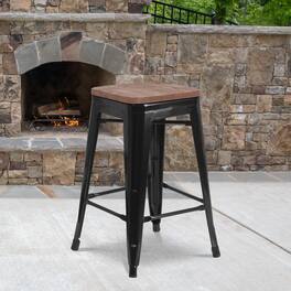 Emma + Oliver - 24"H Backless Metal Counter Height Stool with Wood Seat - Black