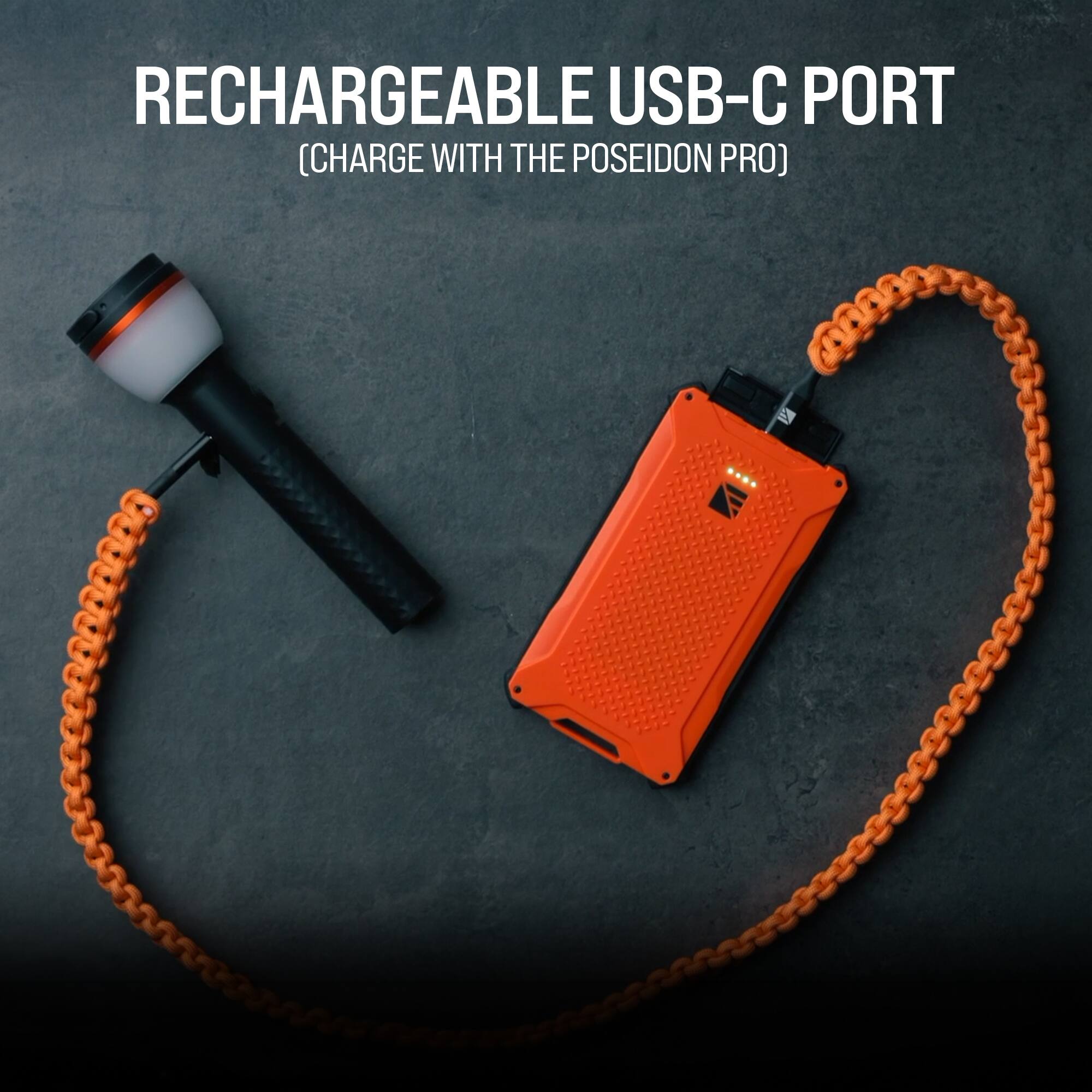 RECHARGEABLE USB-C PORT  
(CHARGE WITH THE POSEIDON PRO)