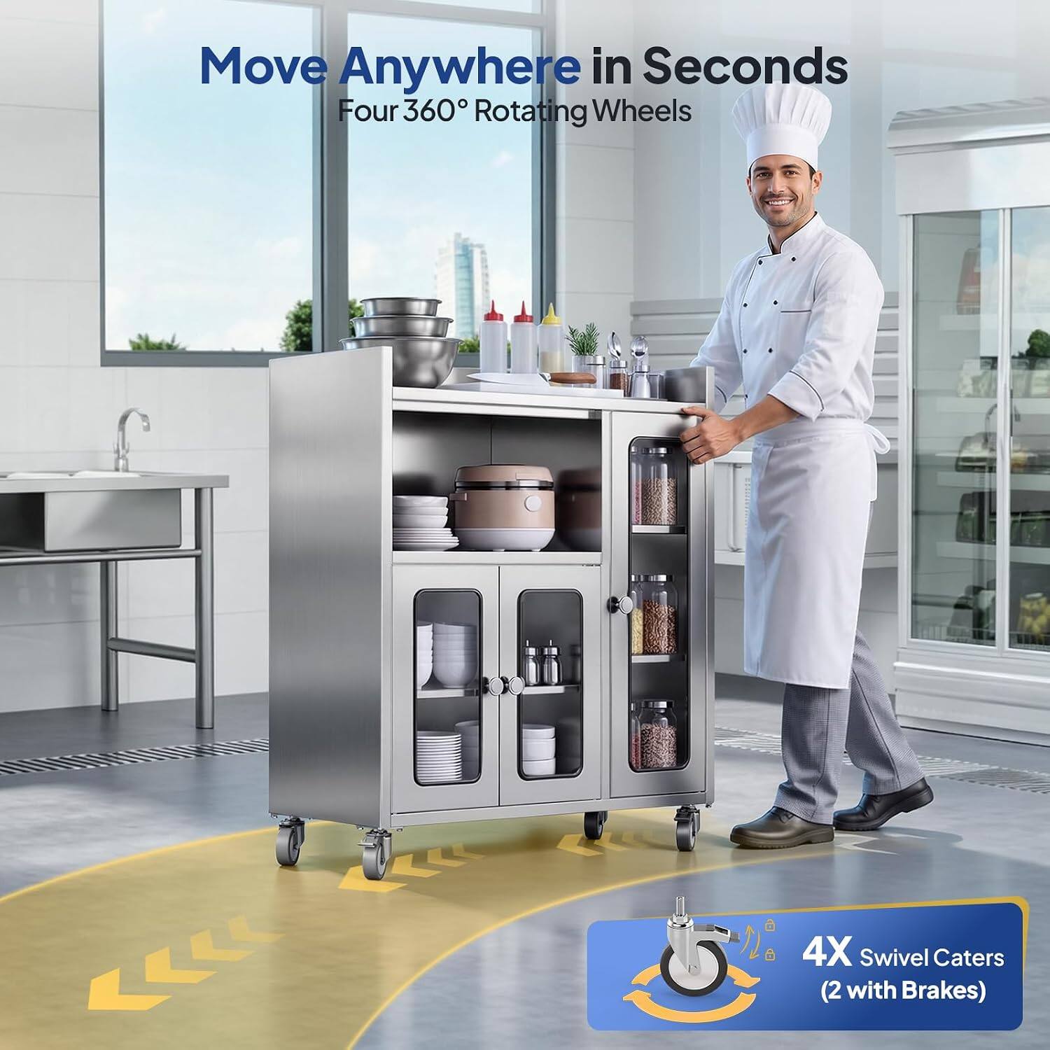 Move Anywhere in Seconds  
Four 360° Rotating Wheels  
4X Swivel Caterers (2 with Brakes)