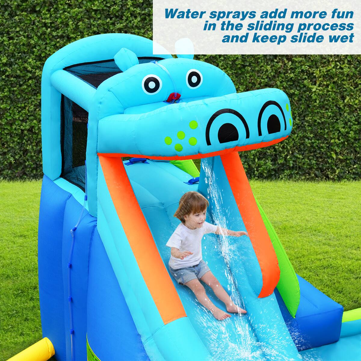 Water sprays add more fun in the sliding process and keep slide wet.