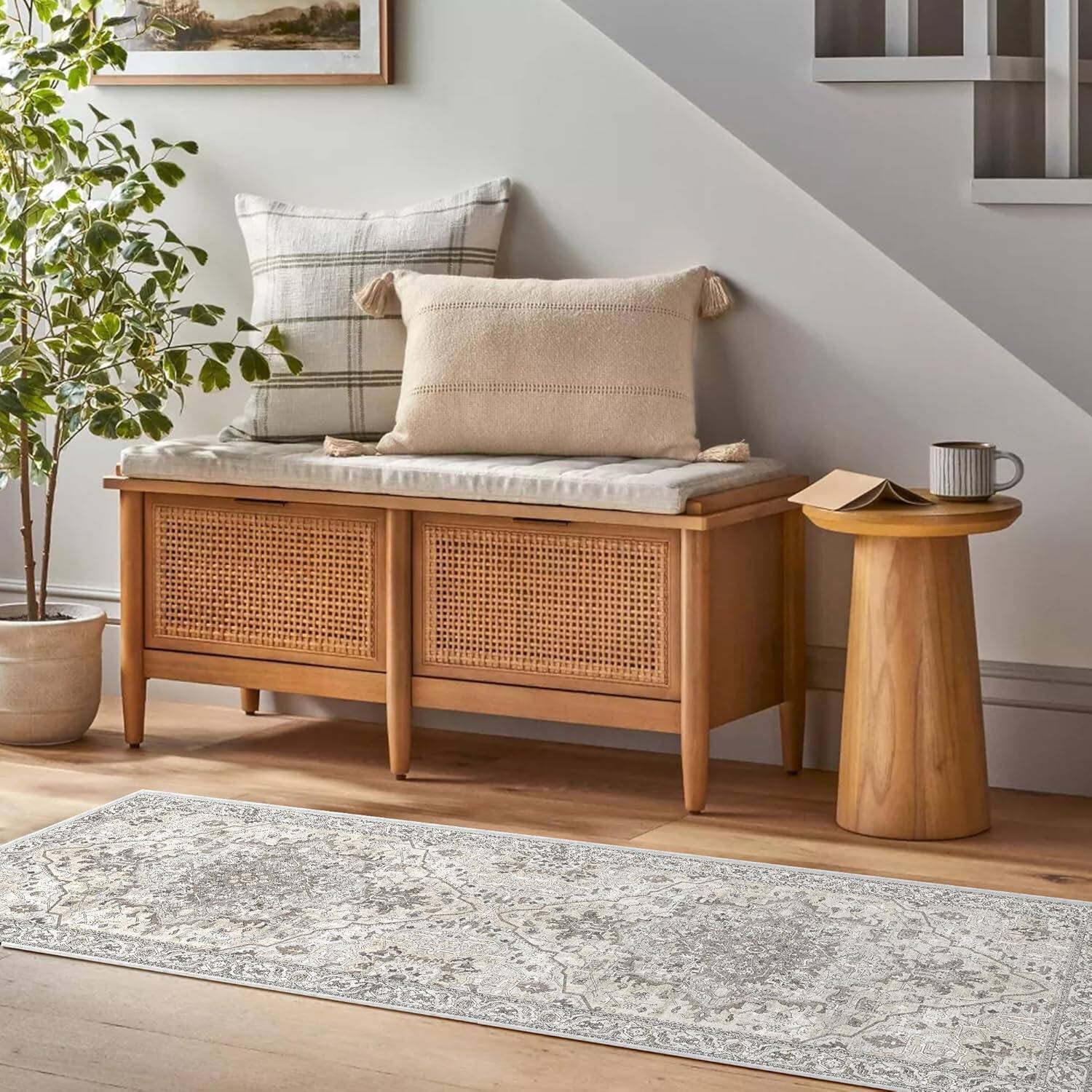 Angle. KERDOM - Vintage 2x6 ft Hallway Runners Rug Machine Washable Non-Slip Entryway Throw Rug Faux Wool Low Pile Kitchen Carpet Indoor - Beige.