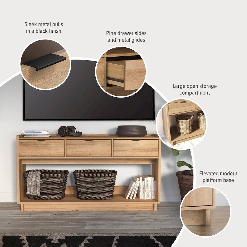 - Sleek metal pulls in a black finish
- Pine drawer sides and metal glides
- Large open storage compartment
- Elevated modern platform base