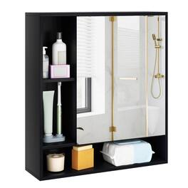 Costway - Bathroom Wall Cabinet with Mirror, Single Door, 3 Open Shelves & Adjustable Shelf - Black