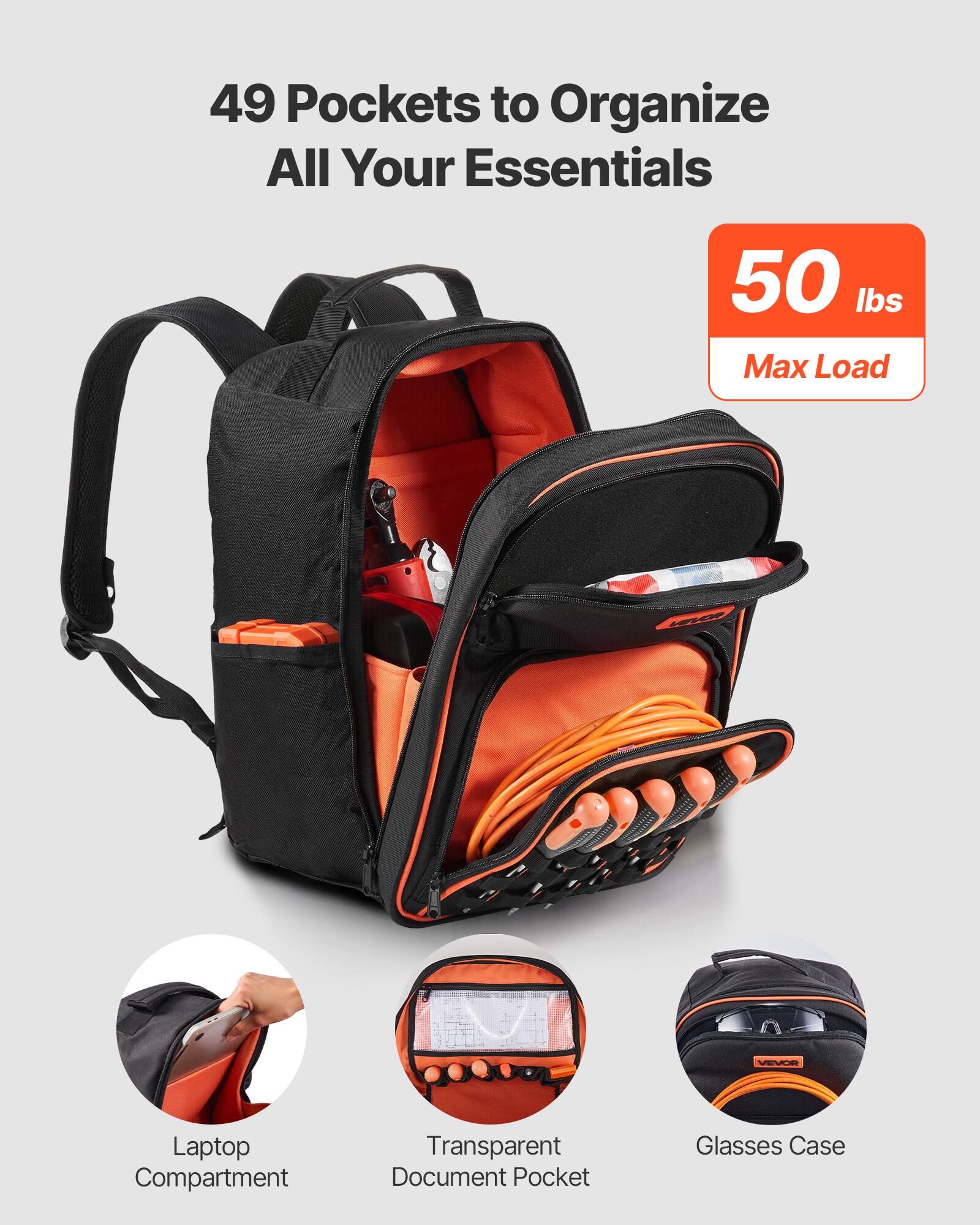 49 Pockets to Organize All Your Essentials

50 lbs Max Load

Laptop Compartment

Transparent Document Pocket

Glasses Case