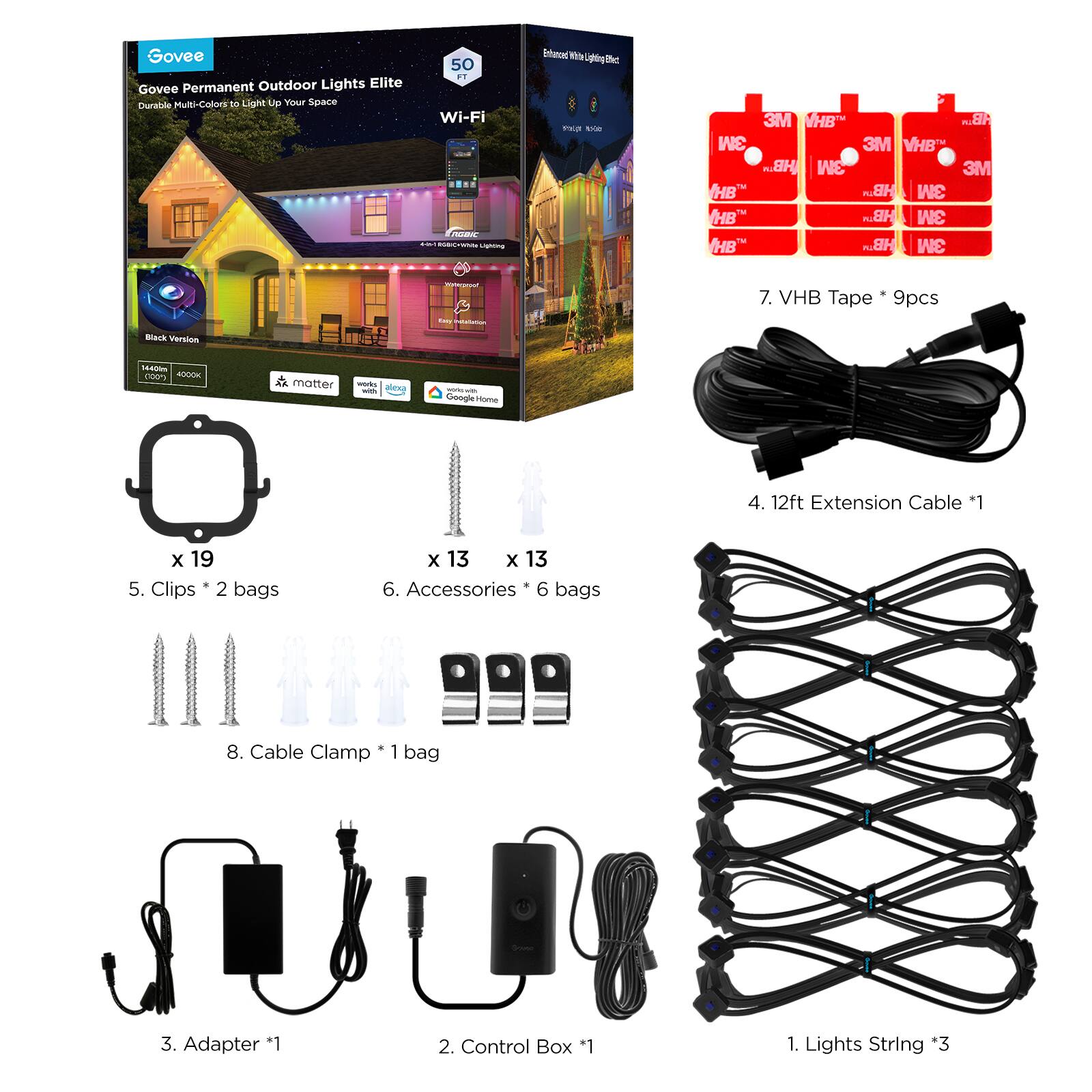 Govee Permanent Outdoor Lights Elite Govee Durable Multi-Collors 15 Light Up Your Space 50 F1 Wi-Fi IR -- -  mng Inheced K Lipling the - - 3M VHB AB. 3M 3M VHB HB.. 3M 3M HB HB. 3M HB" HB. 3M HB HB. 3M - - 7. VHB Tape 9pcs Back Versinn 1A. uP - motter - alens - - - Geogle Hma 4. 12ft Extension Cable *1 x 19 5. Clips 2 bags x 13 x 13 6. Accessories 6 bags 8. Cable Clamp 1 bag 3. Adapter *1 2. Control Box *1 1. Lights String *3