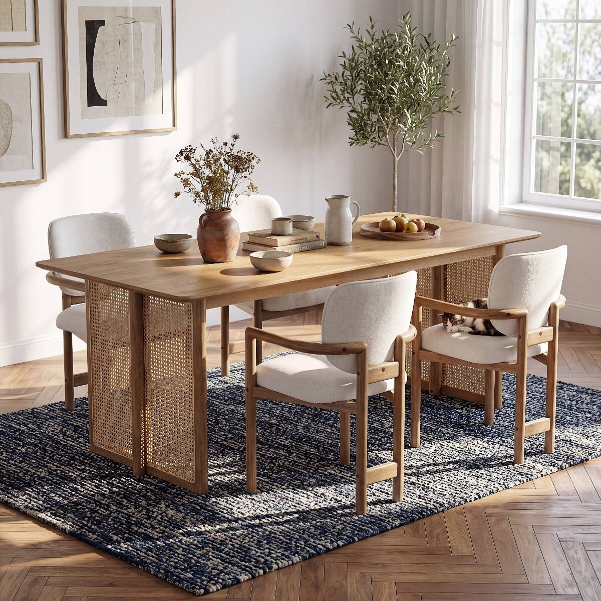 Angle. Loheer - Loheer 5 Piece Dining Set Solid Rubberwood 70 Inch Rectangular Dining Table with Four Chairs - Natural and White.