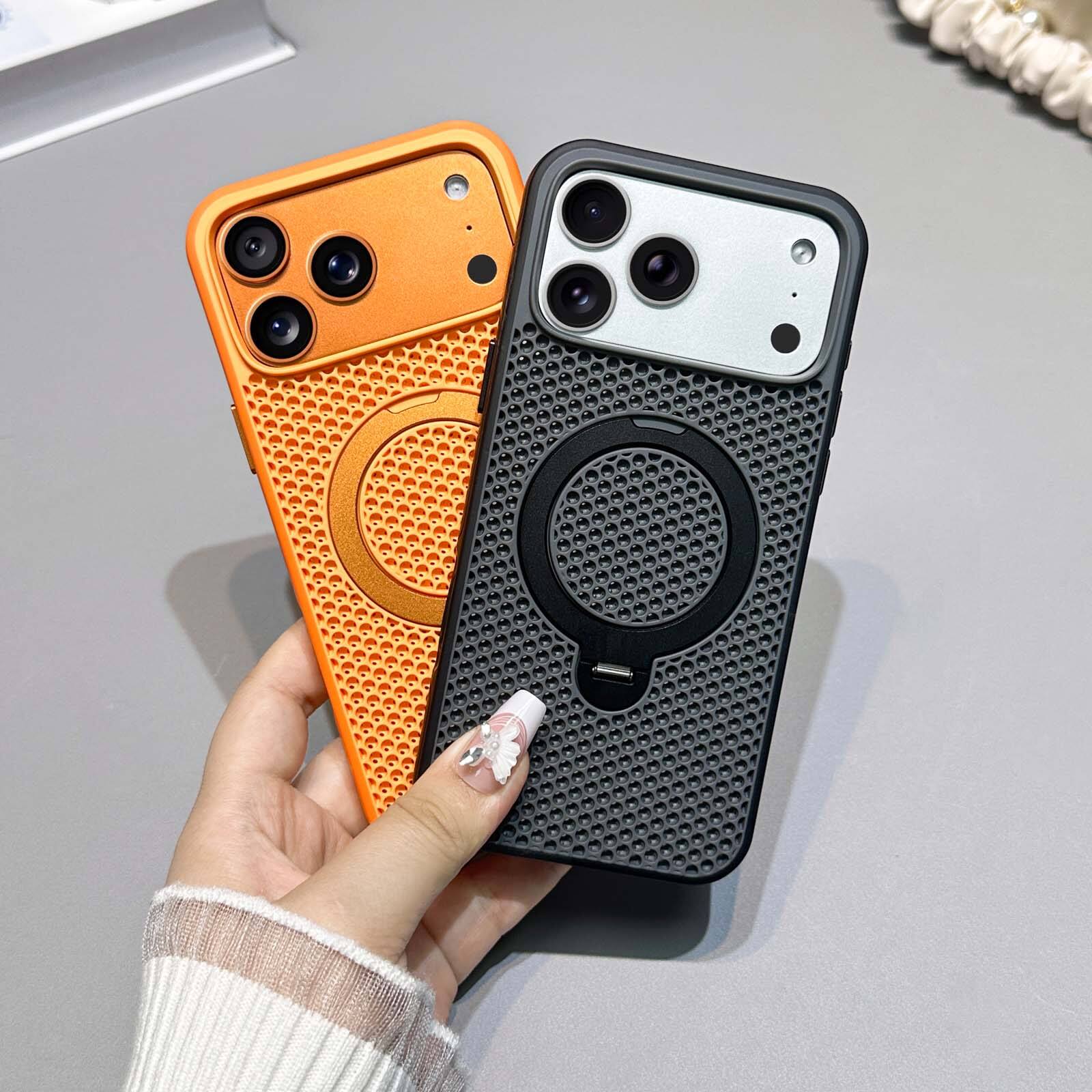Angle. Dteck - Magnetic Case for Apple iPhone 17 Pro with Integrated Ring Stand, Cooling Shockproof Slim Rugged Protective Cover - Orange.