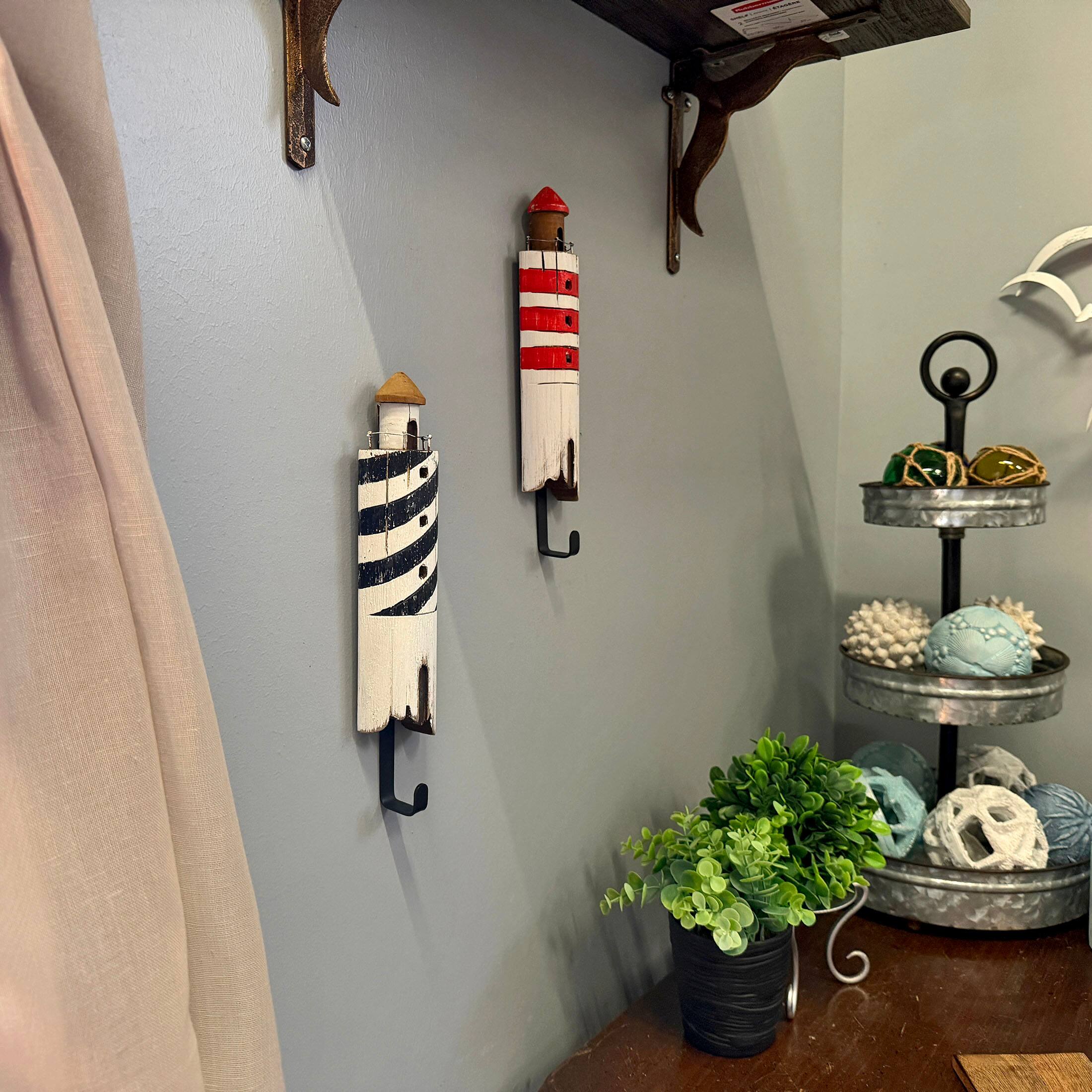 Alt View 7. Things2Die4 - Set of 2 Handcrafted Wood Lighthouse Decorative Wall Hooks Coastal Decor - Multicolored.