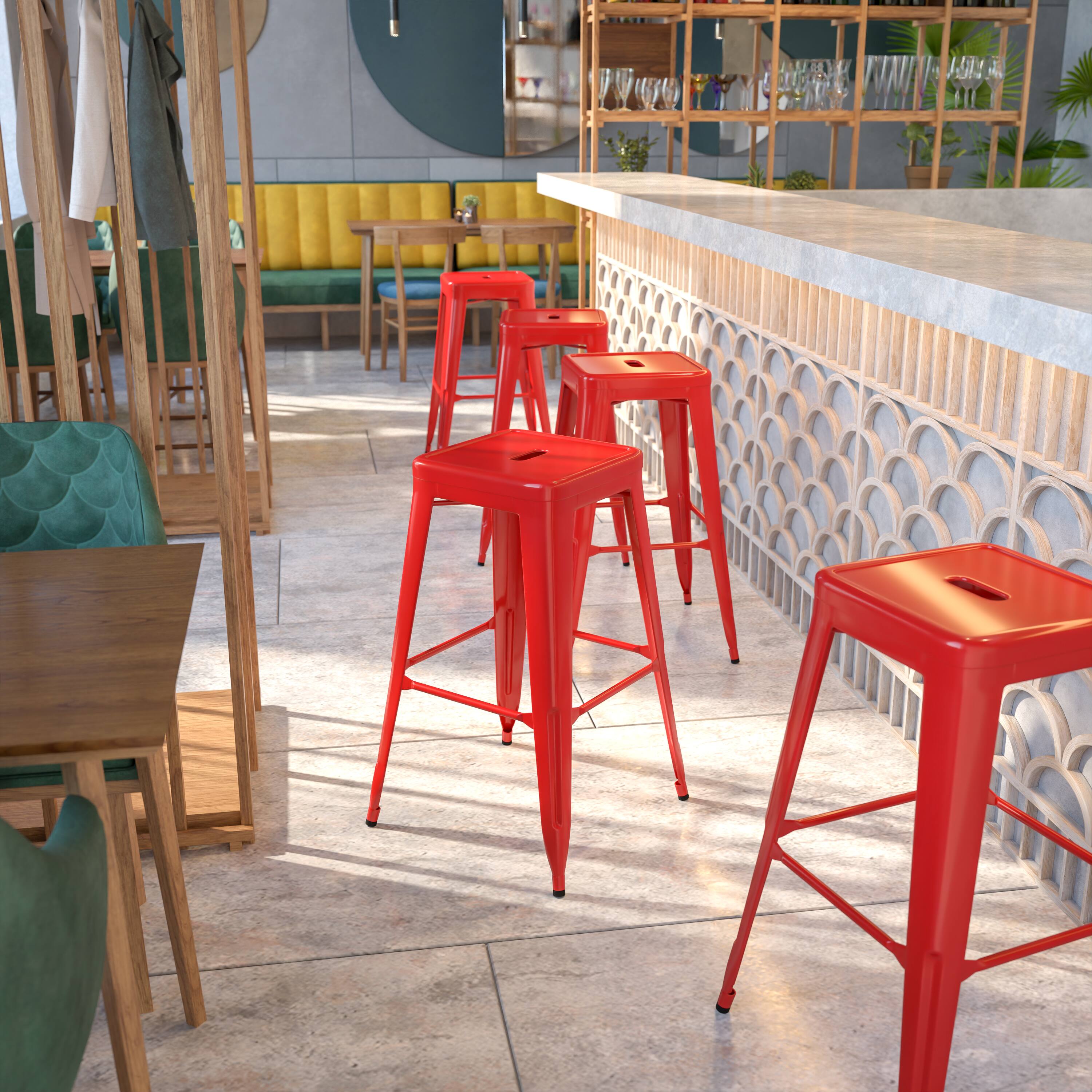 Alt View 1. Emma + Oliver - Commercial Grade 30"H Backless Metal Indoor-Outdoor Barstool with Square Seat - Red.