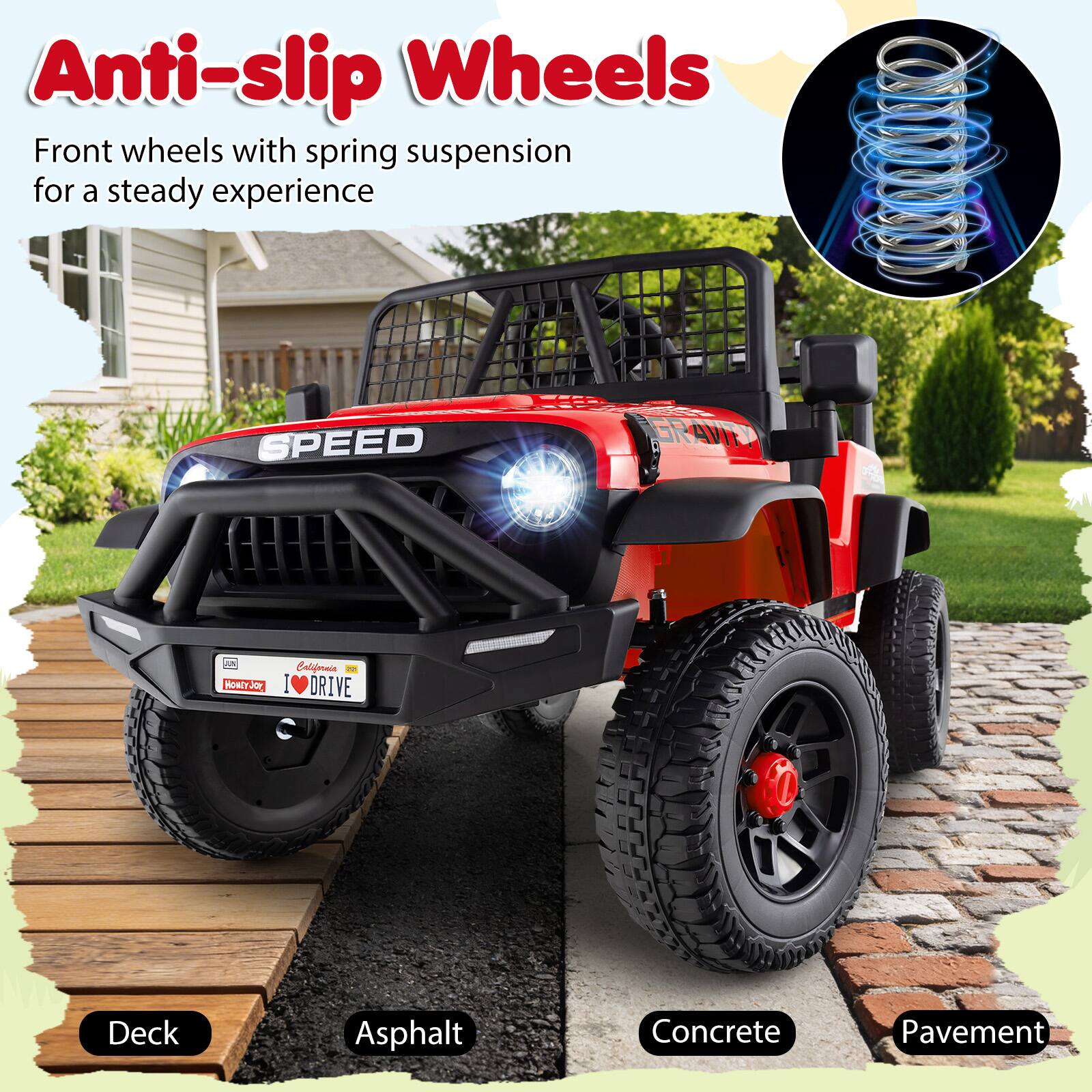 Anti-slip Wheels  
Front wheels with spring suspension for a steady experience  

SPEED  
GRAVITY  

Deck  
Asphalt  
Concrete  
Pavement