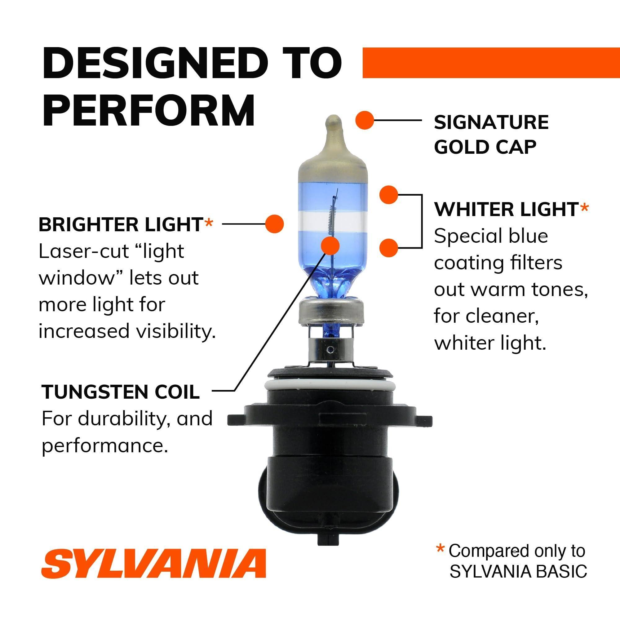 DESIGNED TO PERFORM

- SIGNATURE GOLD CAP
- BRIGHTER LIGHT*
  - Laser-cut "light window" lets out more light for increased visibility.
- WHITER LIGHT*
  - Special blue coating filters out warm tones, for cleaner, whiter light.
- TUNGSTEN COIL
  - For durability, and performance.

SYLVANIA

*Compared only to SYLVANIA BASIC