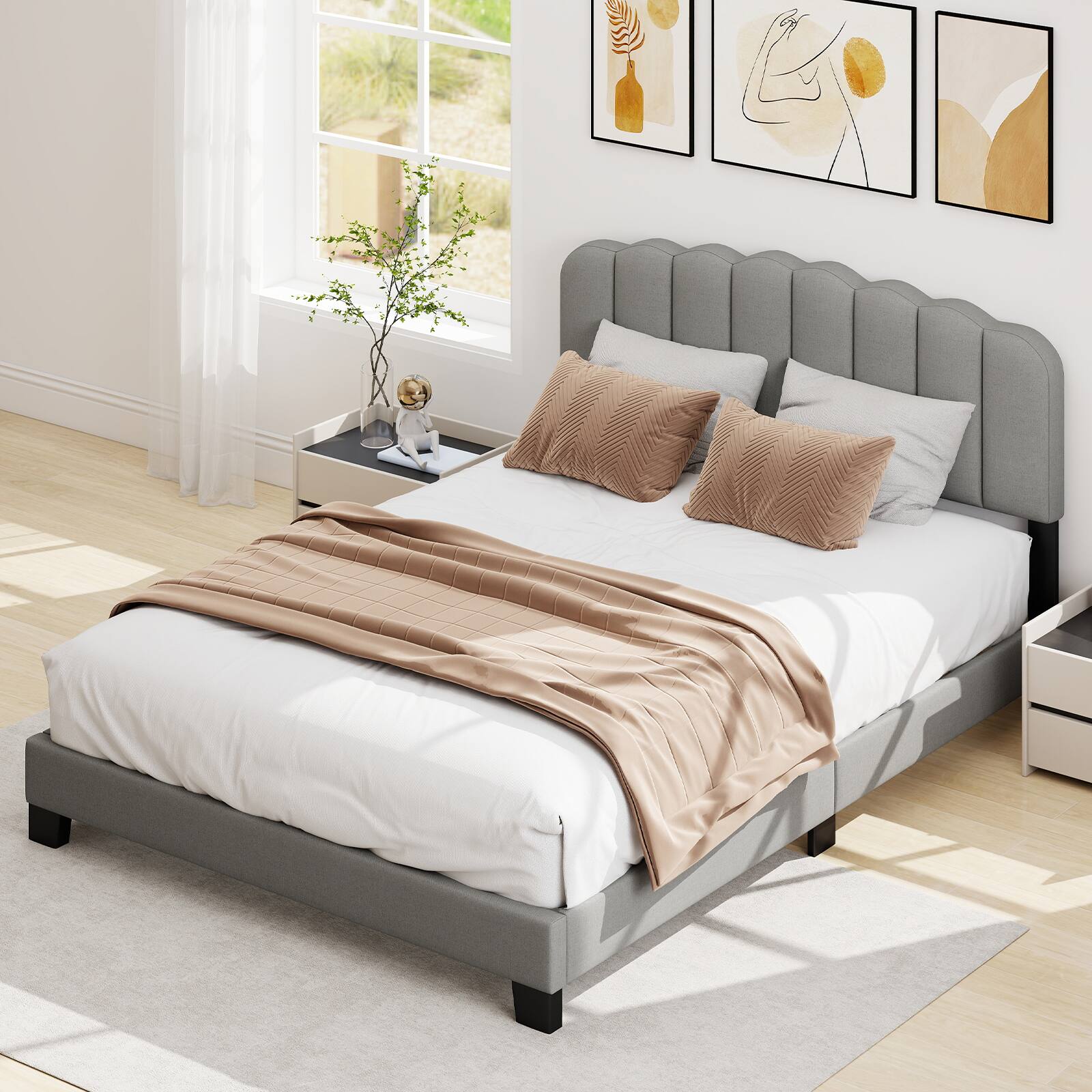 Alt View 3. LUCKY ONE - Queen Assembled Platform Bed Frame with Adjustable Scalloped Tufted Headboard Linen LVL Slats - Gray + Black.