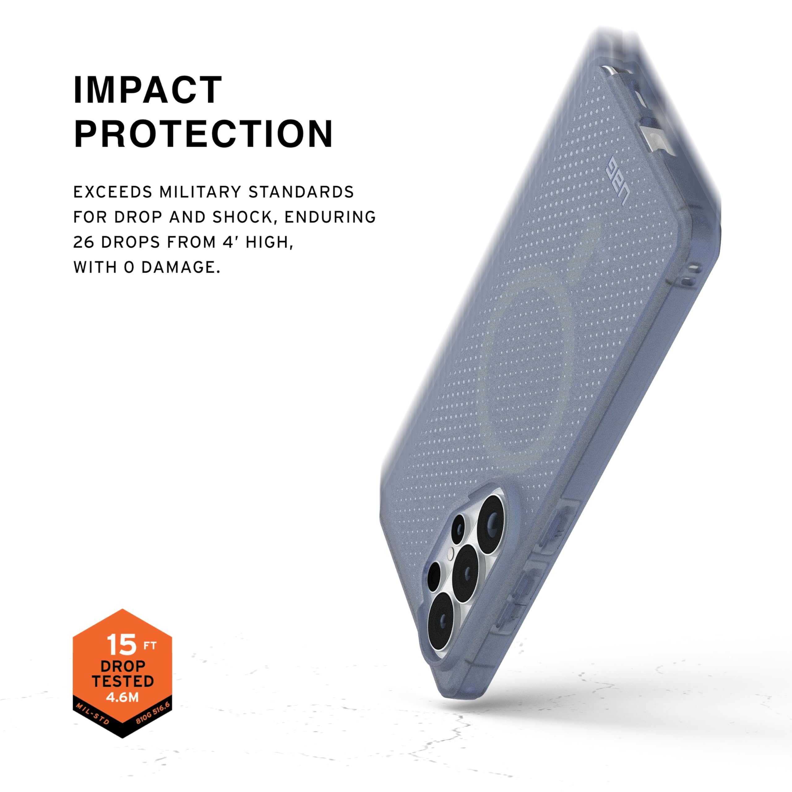 IMPACT PROTECTION

EXCEEDS MILITARY STANDARDS FOR DROP AND SHOCK, ENDURING 26 DROPS FROM 4' HIGH, WITH 0 DAMAGE.

15 FT DROP TESTED 4.6M MIL-STD 810G