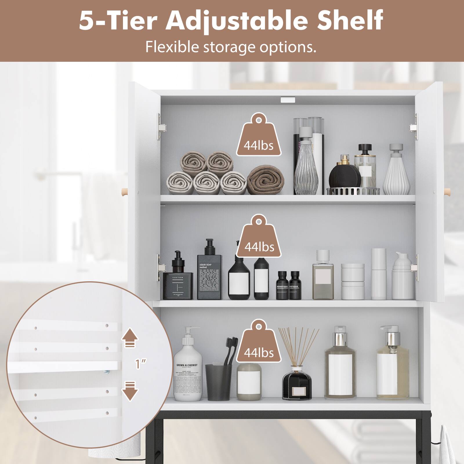 5-Tier Adjustable Shelf  
Flexible storage options.  

44lbs  
44lbs  
44lbs  

1"