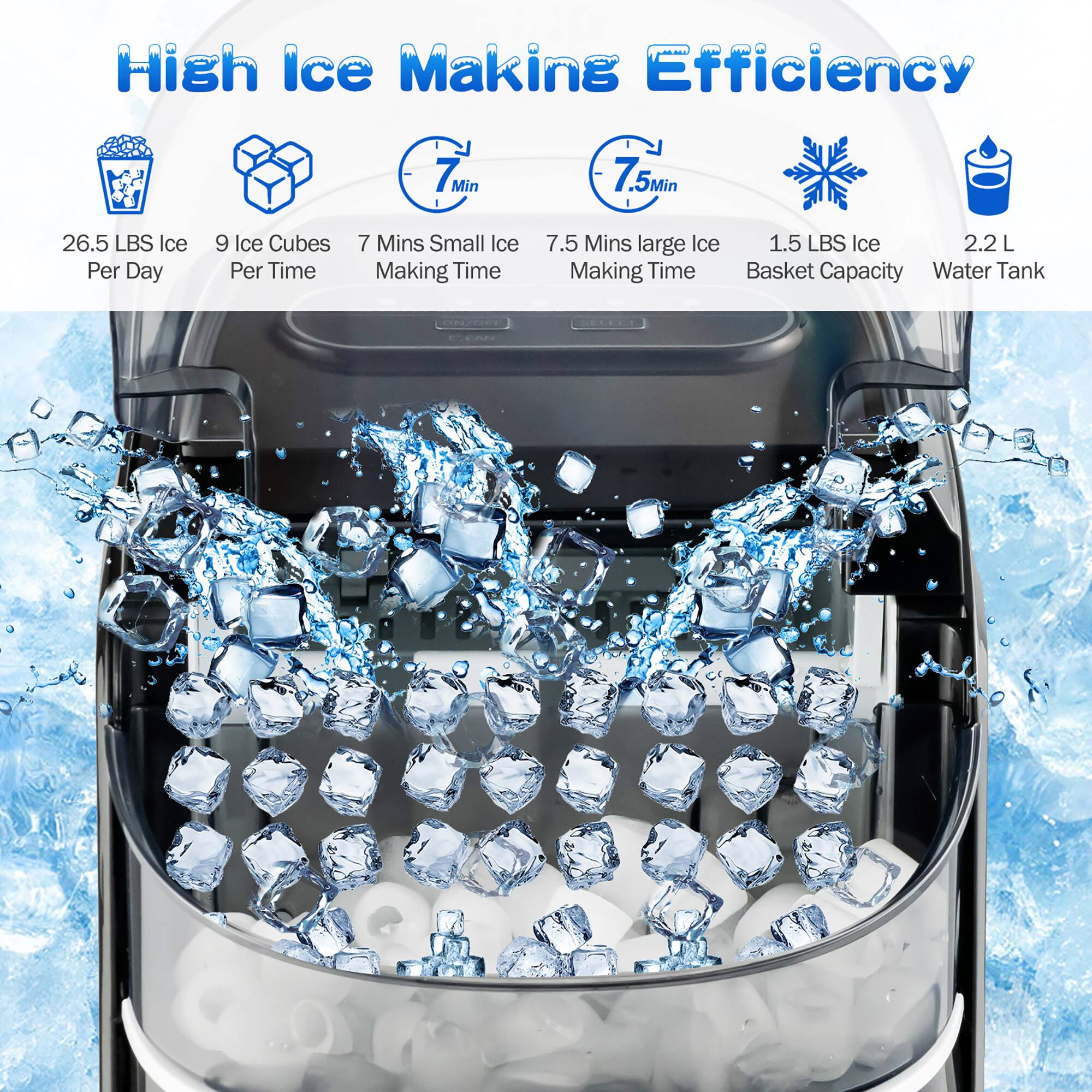 High Ice Making Efficiency

- 26.5 LBS Ice Per Day
- 9 Ice Cubes Per Time
- 7 Mins Small Ice Making Time
- 7.5 Mins Large Ice Making Time
- 1.5 LBS Ice Basket Capacity
- 2.2 L Water Tank