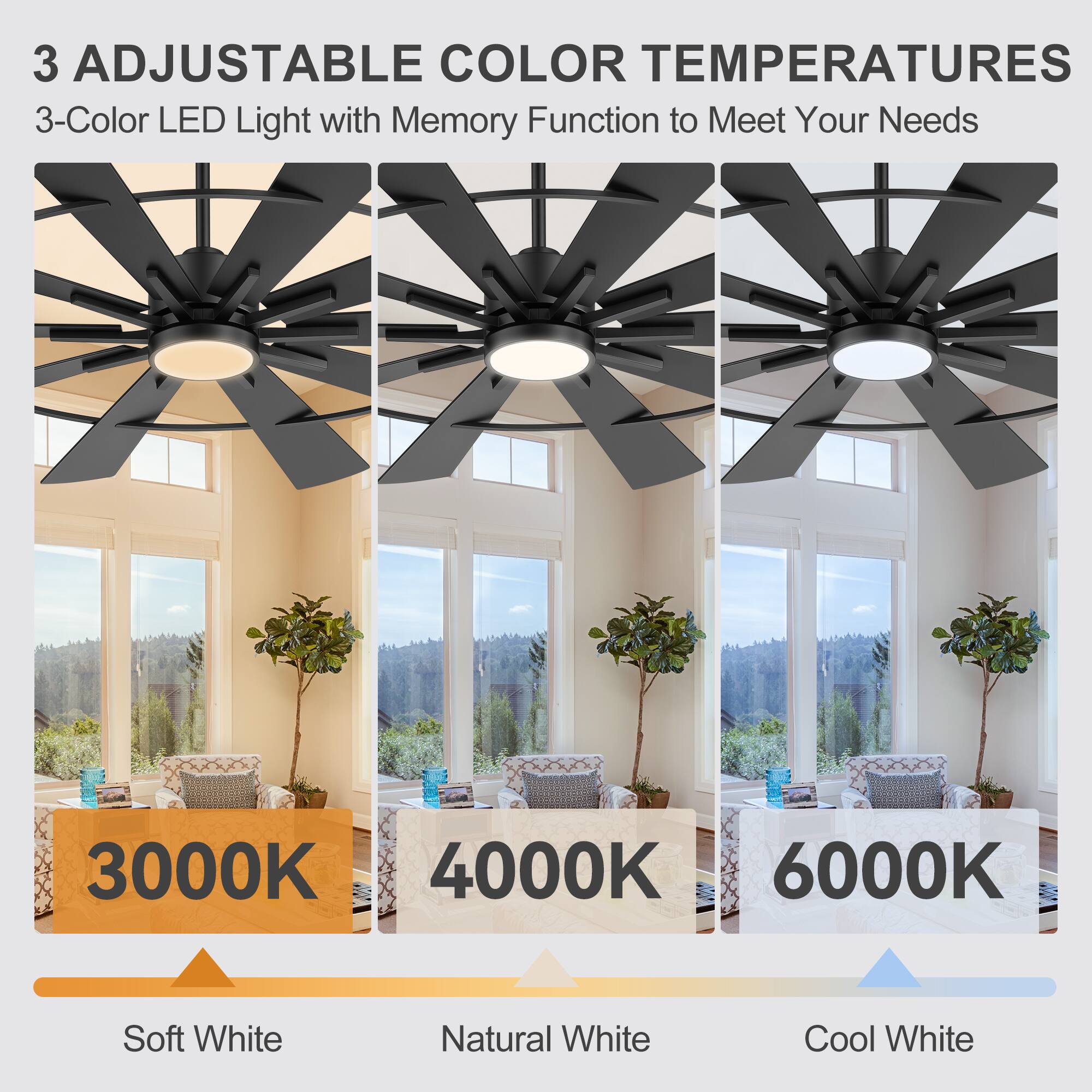 3 Adjustable Color Temperatures  
3-Color LED Light with Memory Function to Meet Your Needs  
3000K Soft White  
4000K Natural White  
6000K Cool White