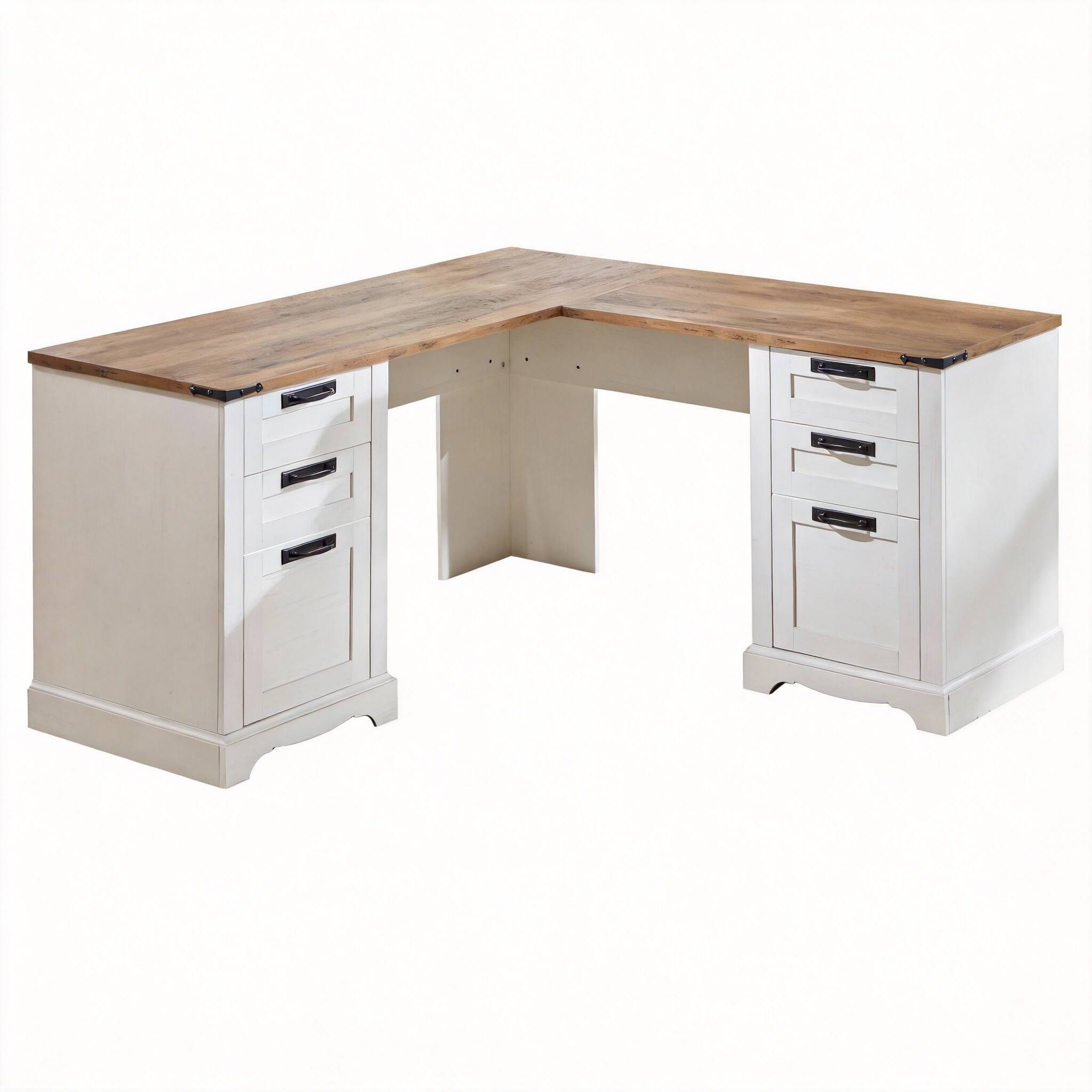 Front. Frangdom - 60" Farmhouse L-Shaped Executive Desk with Charging Station & File Drawer - Antique White 22"D x 60"W x 30"H (4 Drawers).