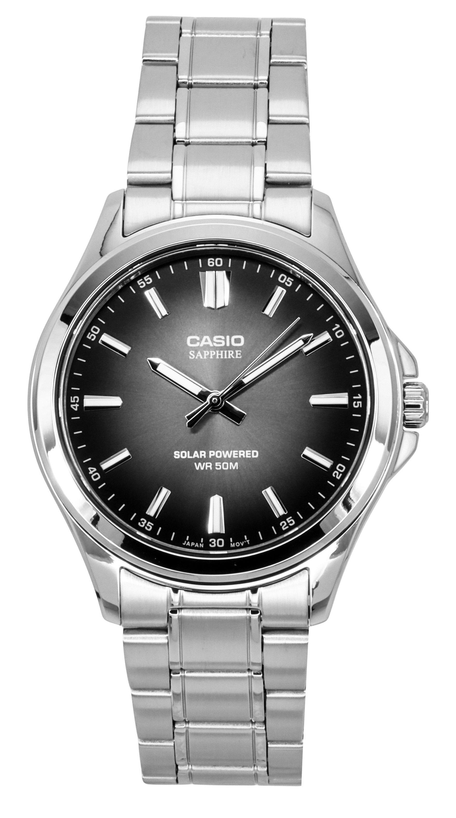 Casio - Standard Analog Stainless Steel Black Dial Solar MTS-RS100D-1AV Men's Watch - Silver